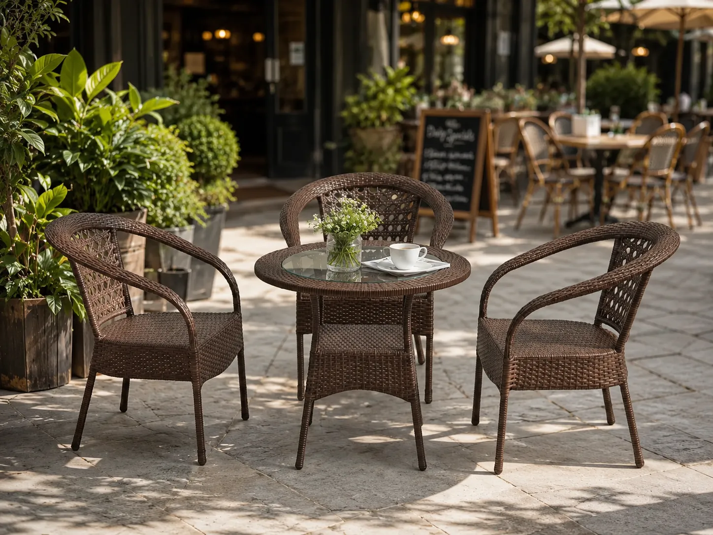Brown rattan bistro set with round glass table for café terrace