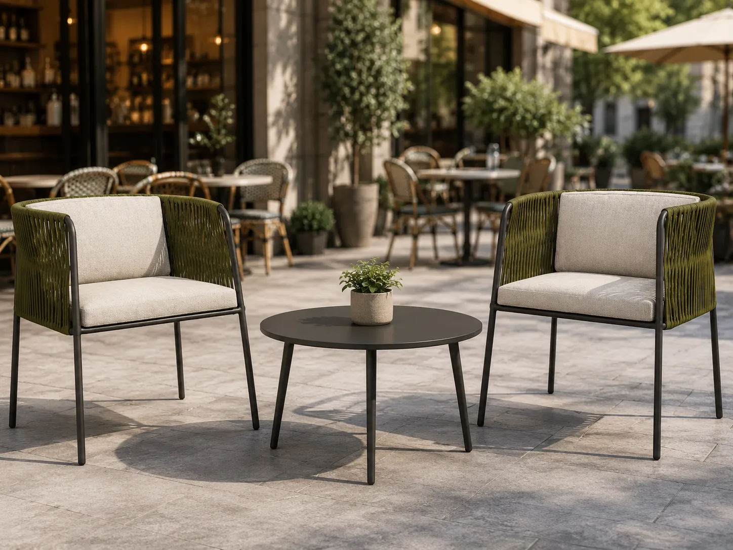 Green rope bistro table and chairs for café terrace
