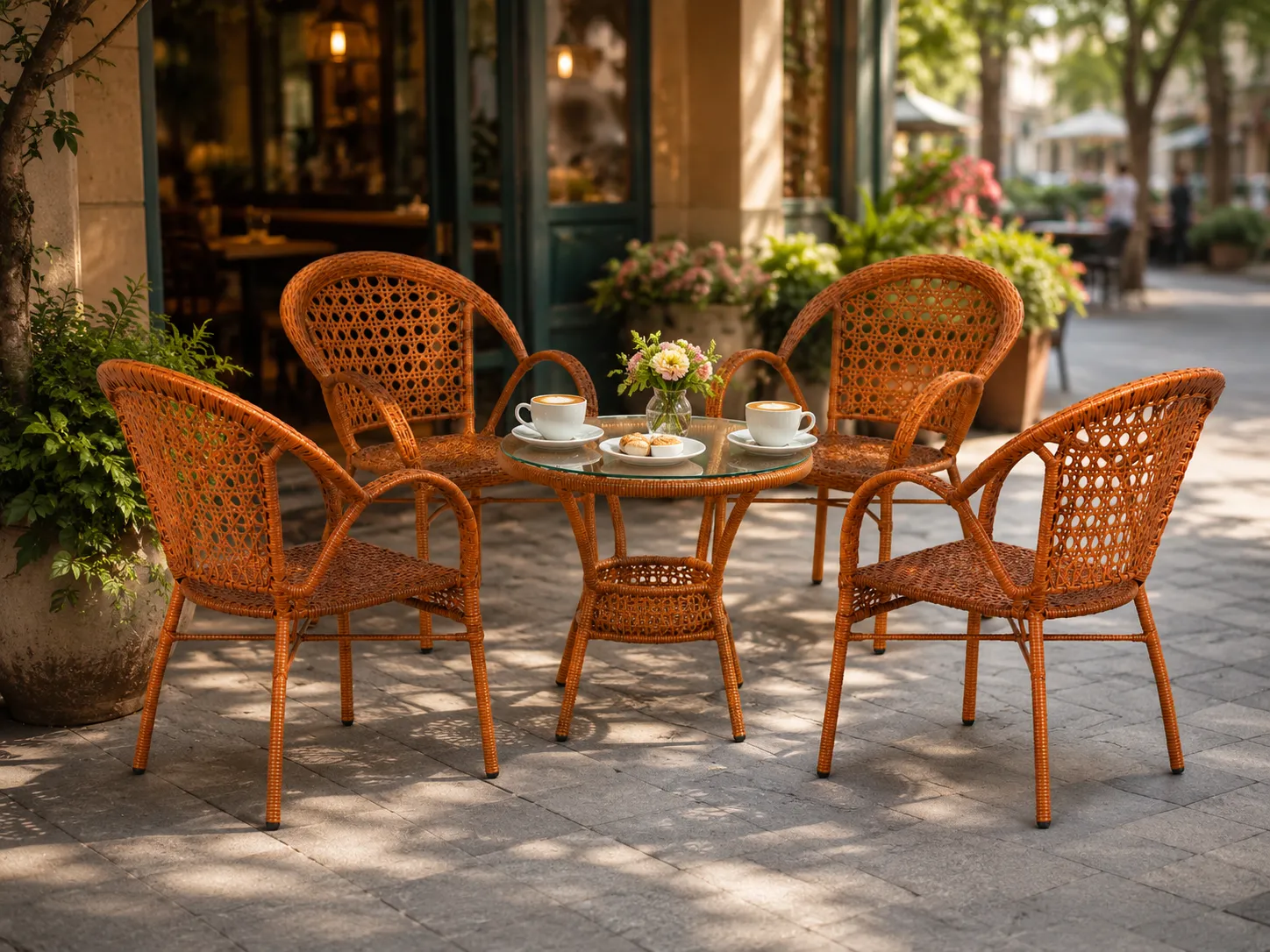 Honey brown rattan dining table and chairs for café terrace