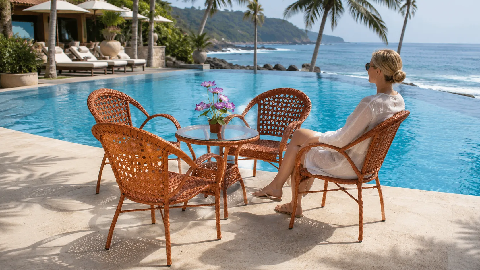 Honey Brown PE Rattan Outdoor Dining Set with 4 Armchairs & Round Glass Table for Patio Café Terrace