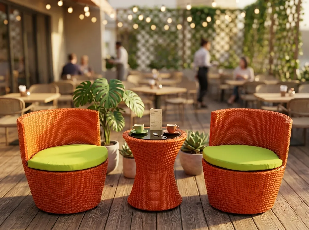 Orange wicker bistro set for cafe terrace and outdoor dining projects