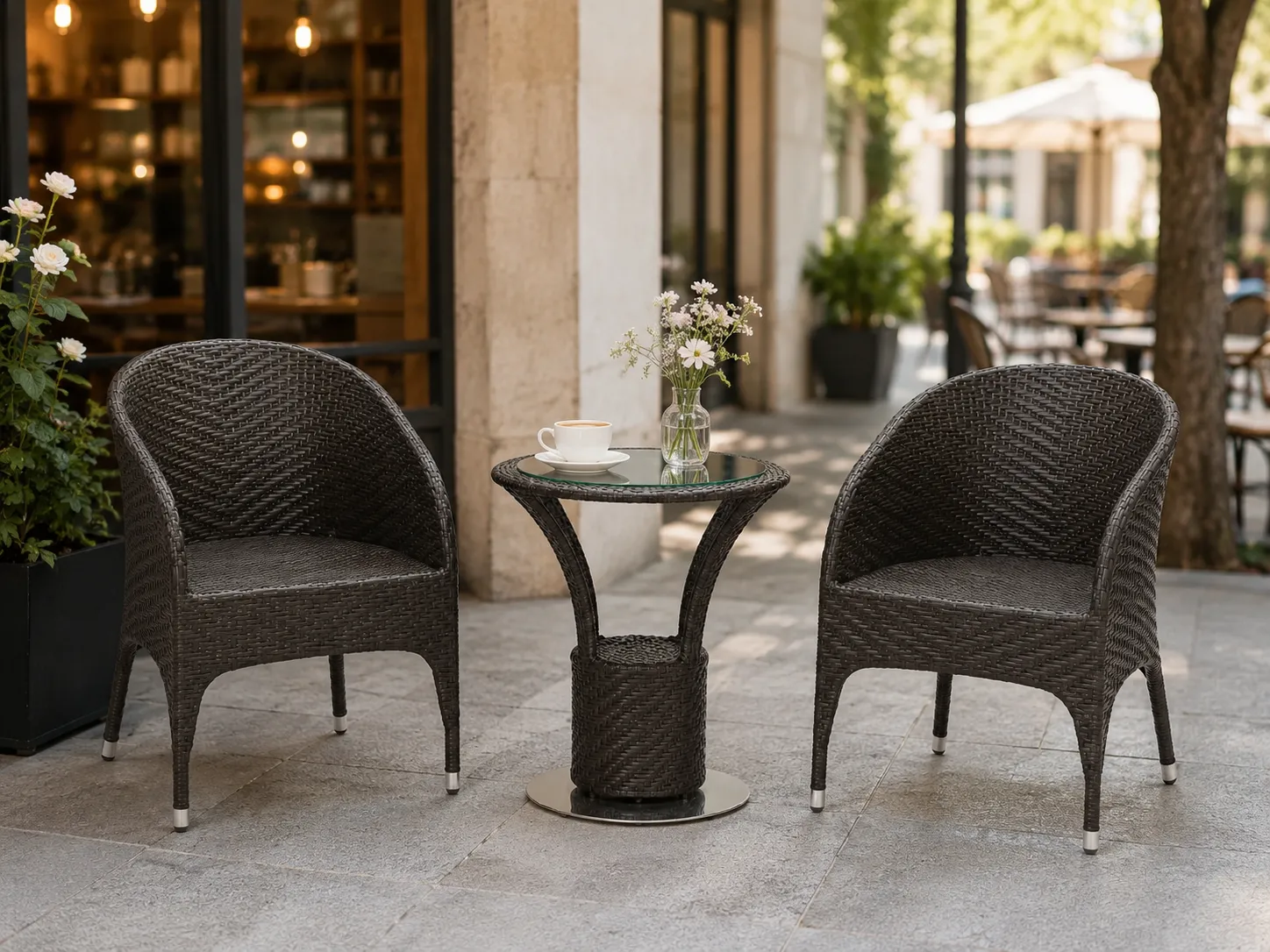 Rattan bistro table and chairs for café terrace