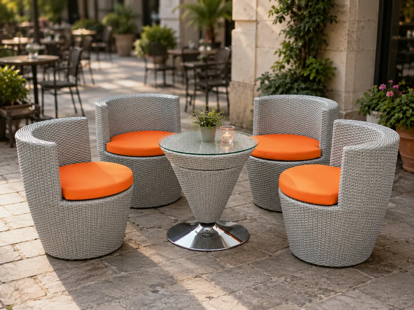 Rattan conversation chair set with orange cushions for café terrace