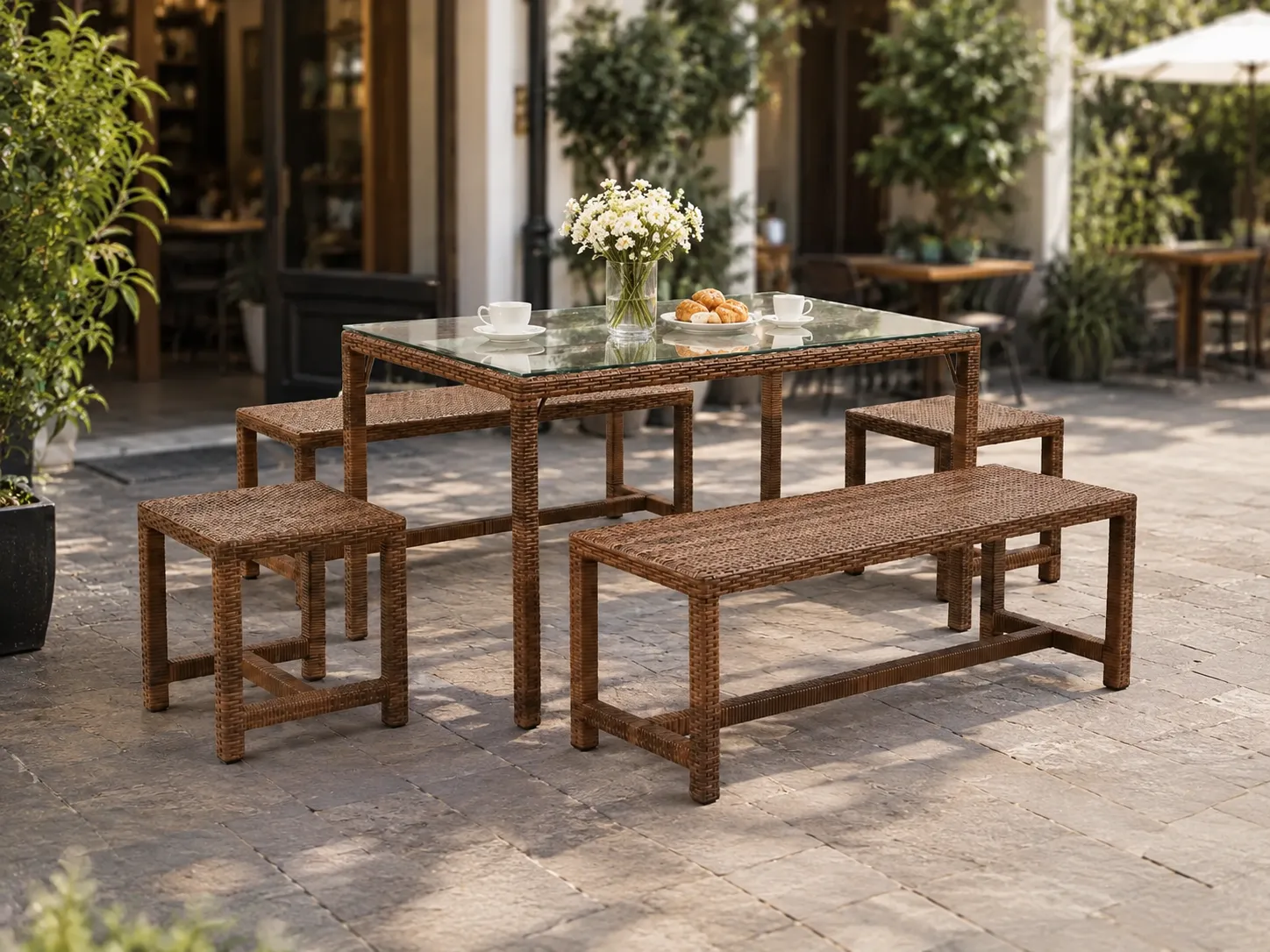 Rattan dining set with bench and stools for café terrace