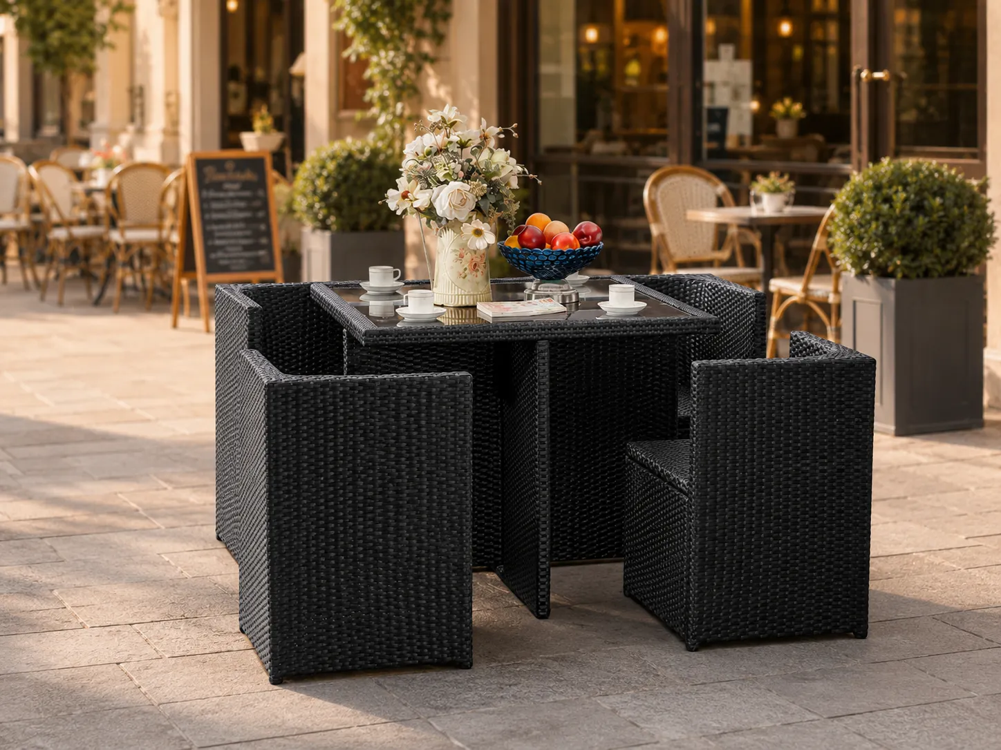 Rattan dining table and chairs for café terrace