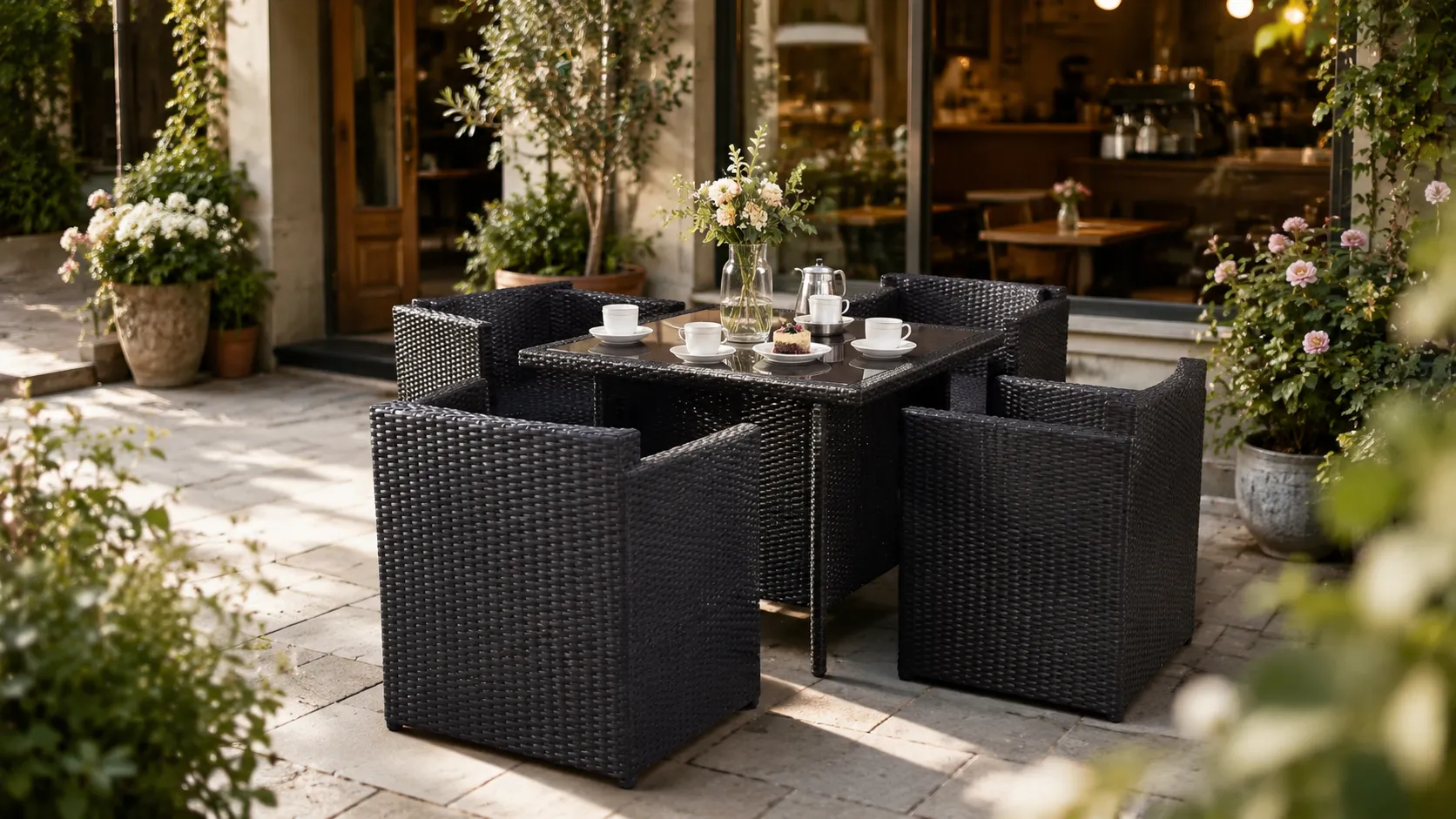 PE Rattan Outdoor Dining Set with 4 Chairs & Glass-Top Table for Patio, Balcony & Café