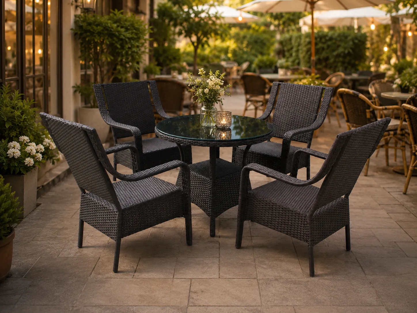 Rattan round dining table and chairs for café terrace