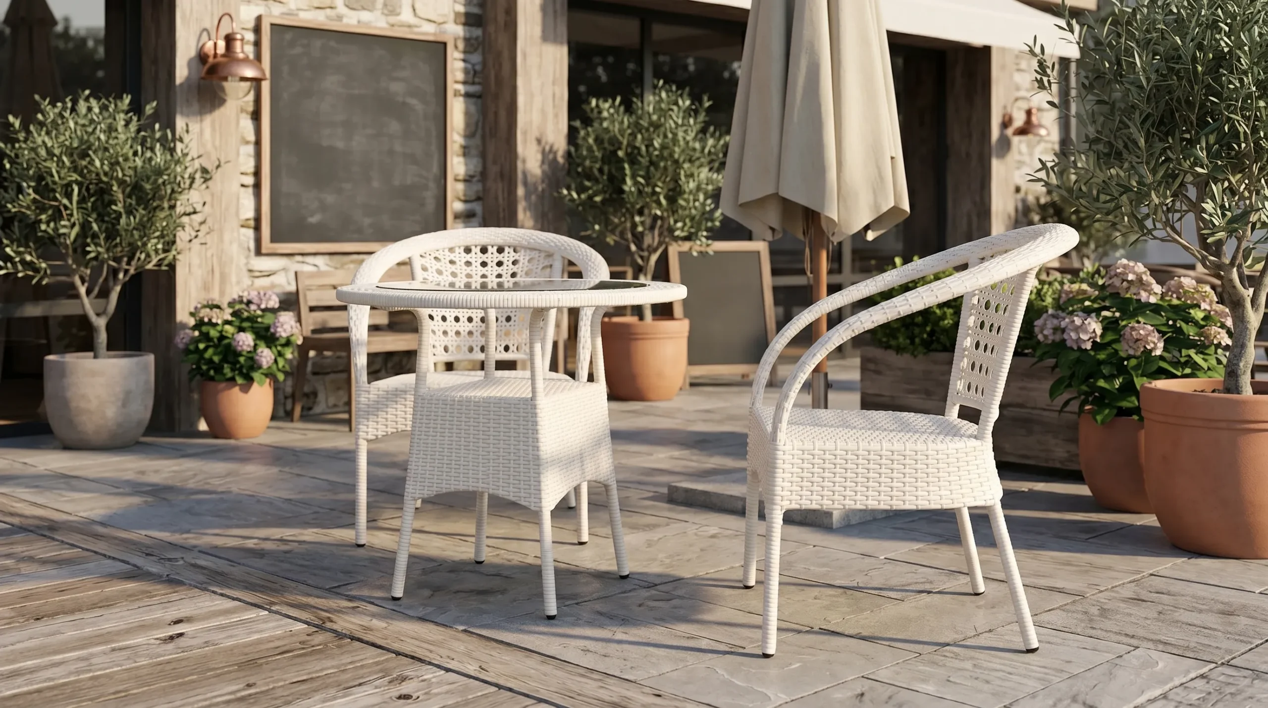 White PE Rattan Bistro Set with 2 Open-Weave Armchairs & Round Glass Table for Patio Balcony Café
