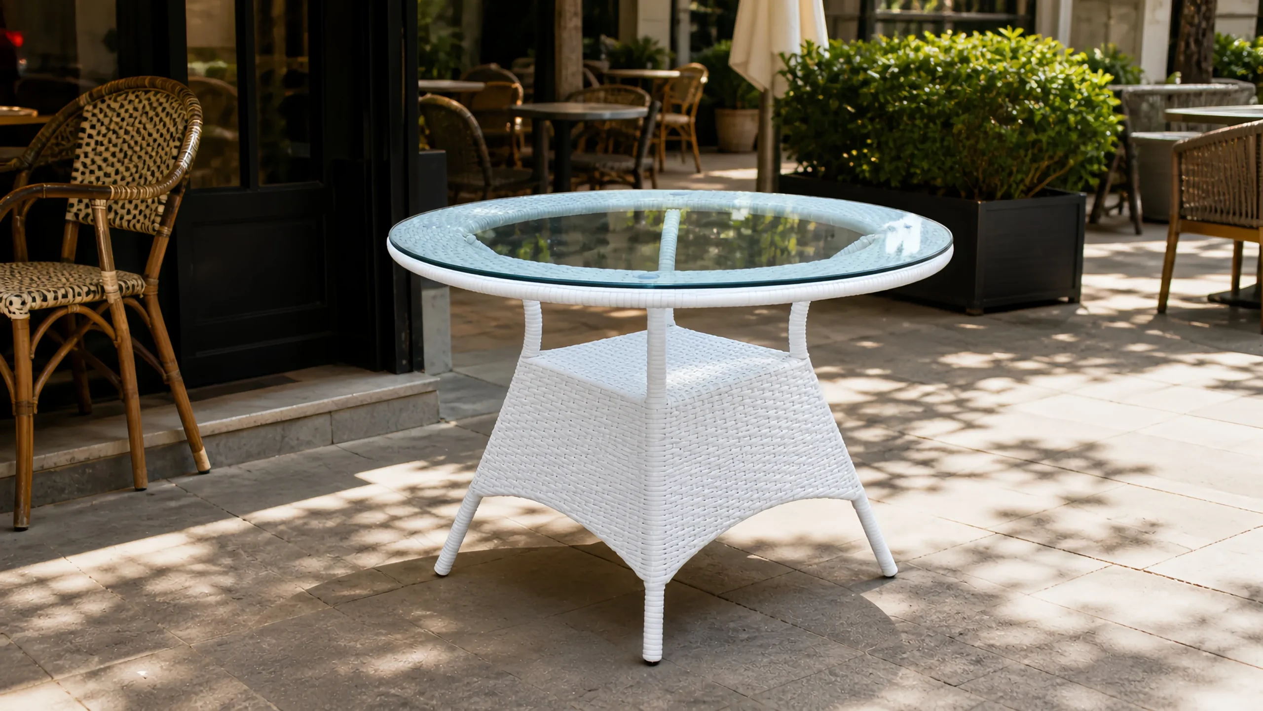 White Wicker Round Glass Table for Patio and Balcony Projects