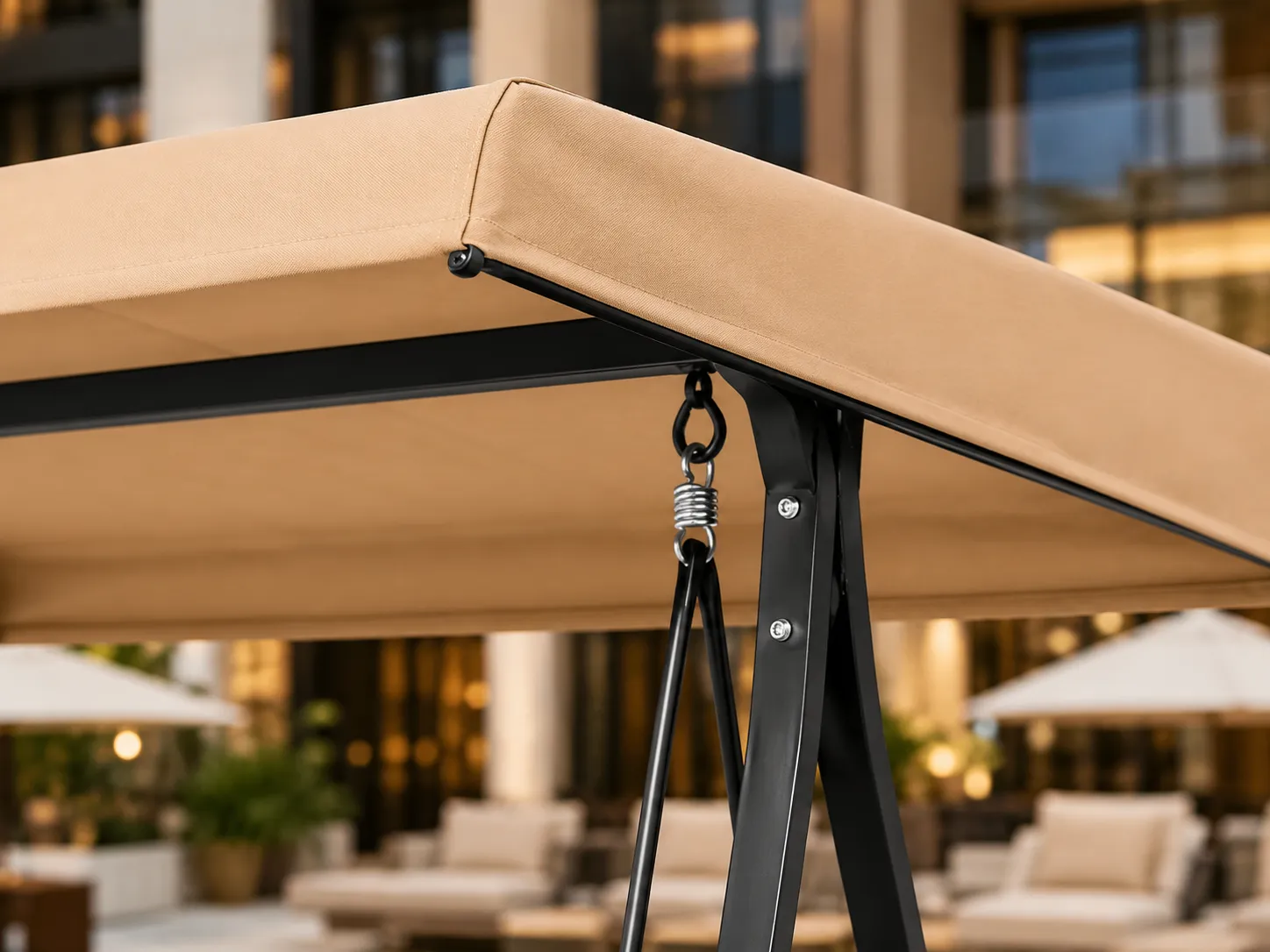 Canopy roof detail of three-seater outdoor patio swing chair