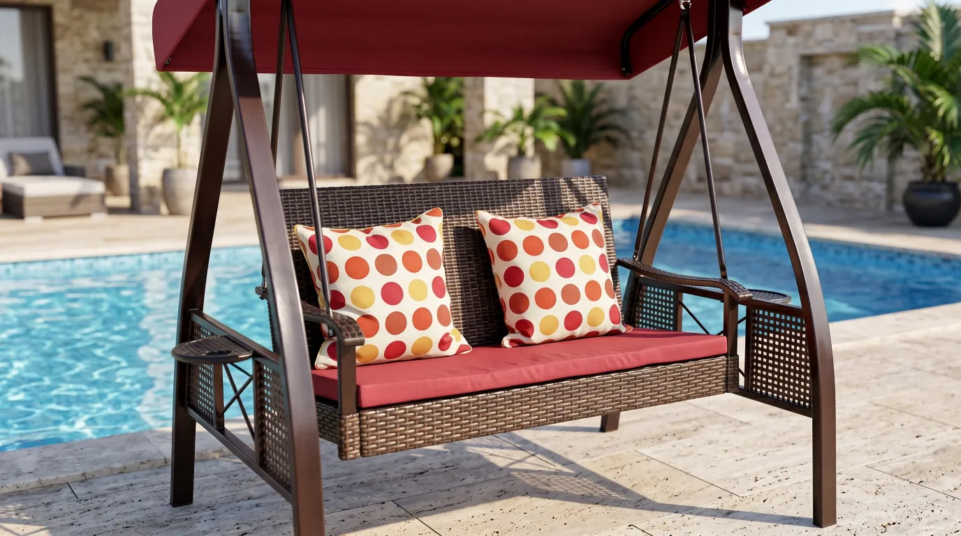 Wicker Outdoor Canopy Swing Chair with Red Cushions