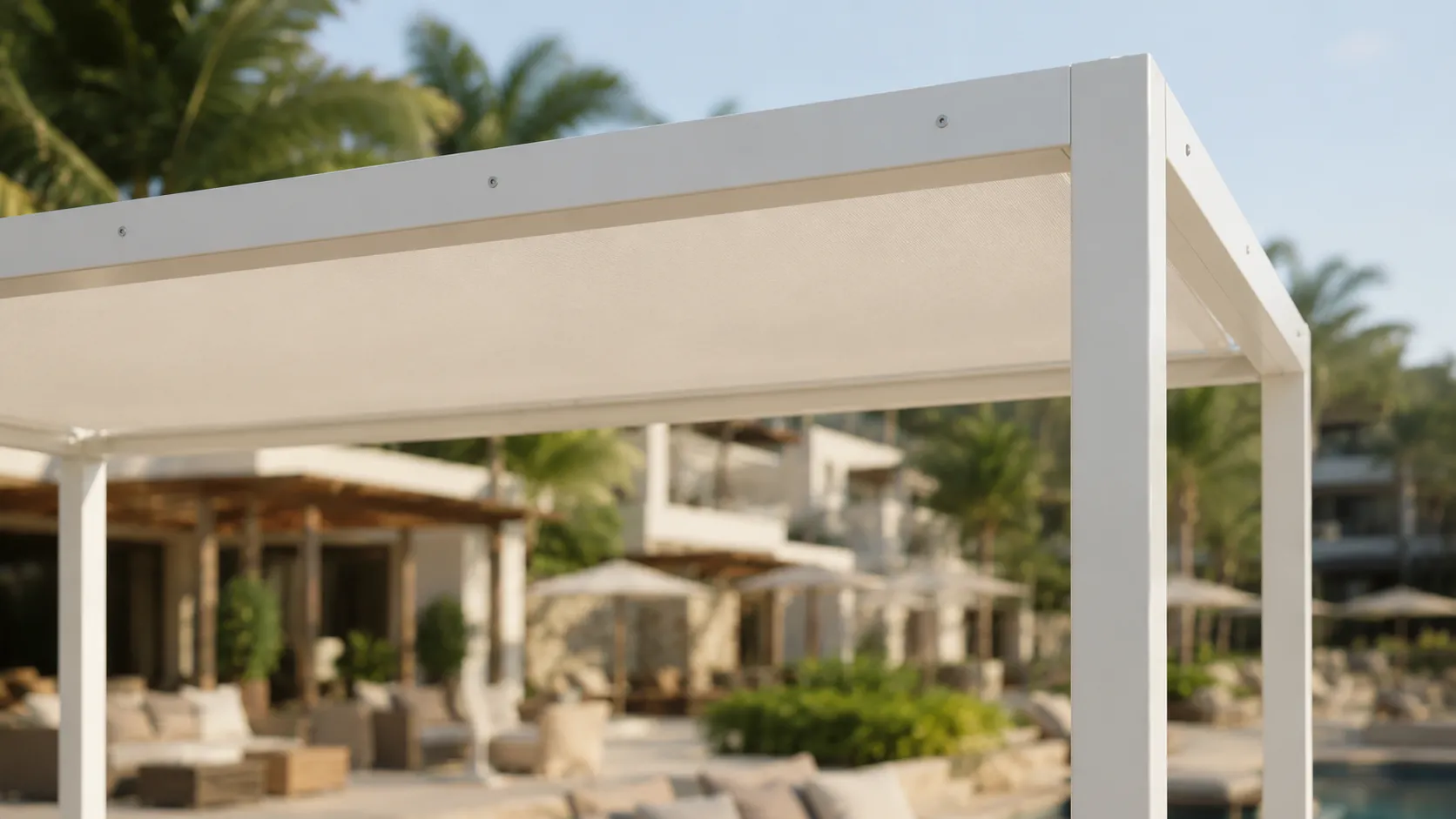 Canopy shade detail of aluminum outdoor cabana daybed