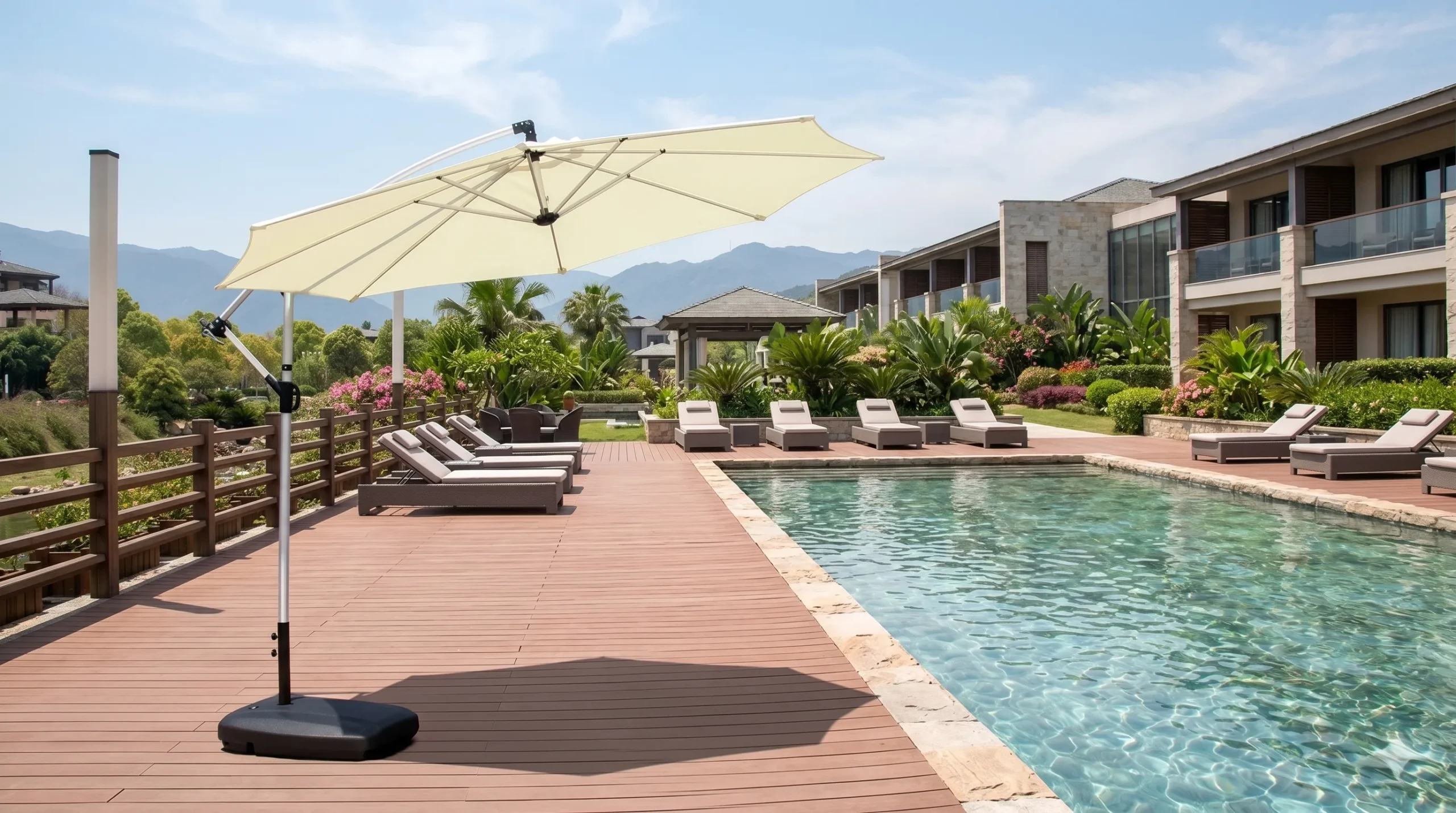 Cantilever Patio Umbrella with Cream Canopy for Resort Poolside Shade