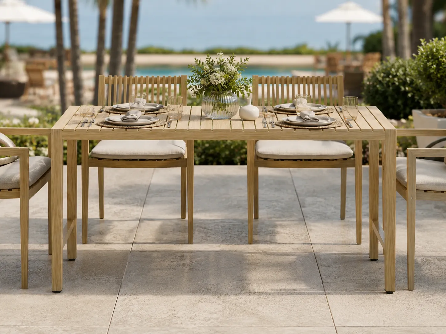 Commercial outdoor teak dining table setting for hospitality projects
