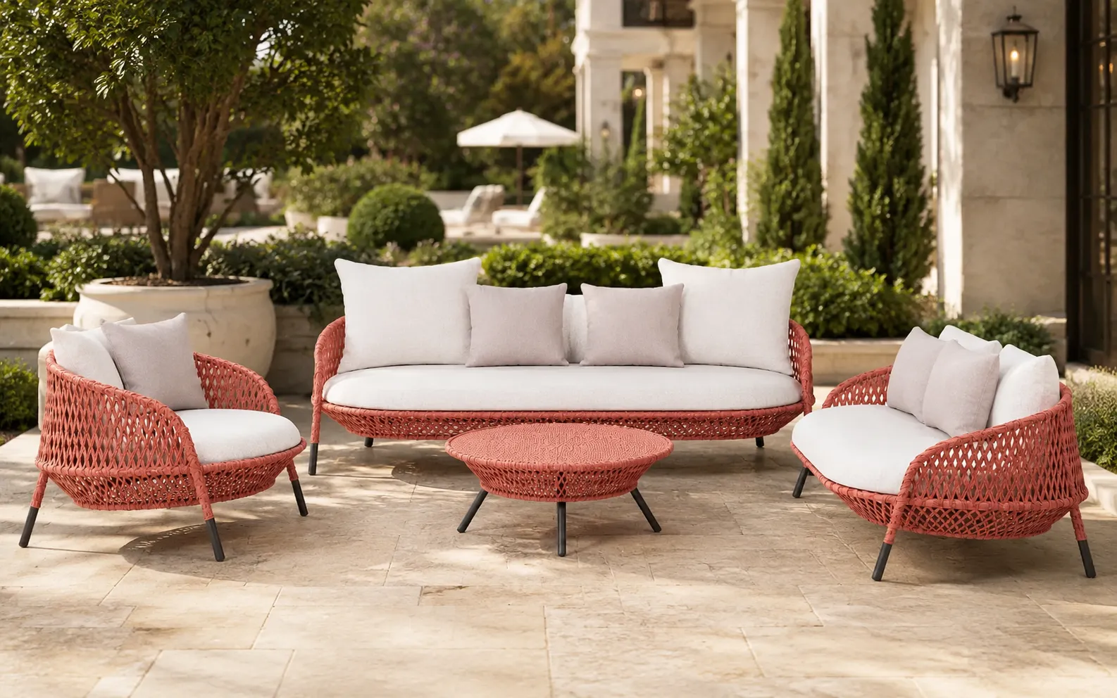 XIMU Furniture coral wicker outdoor conversation set with sofa chairs and coffee table for hotel projects