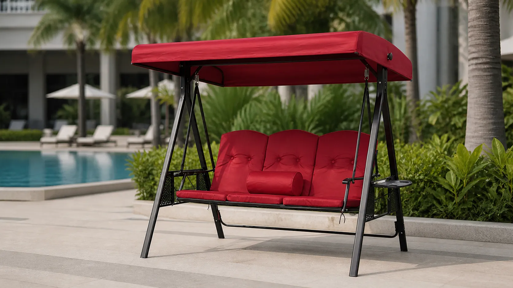 Steel Outdoor Canopy Swing Sofa with Red Cushions
