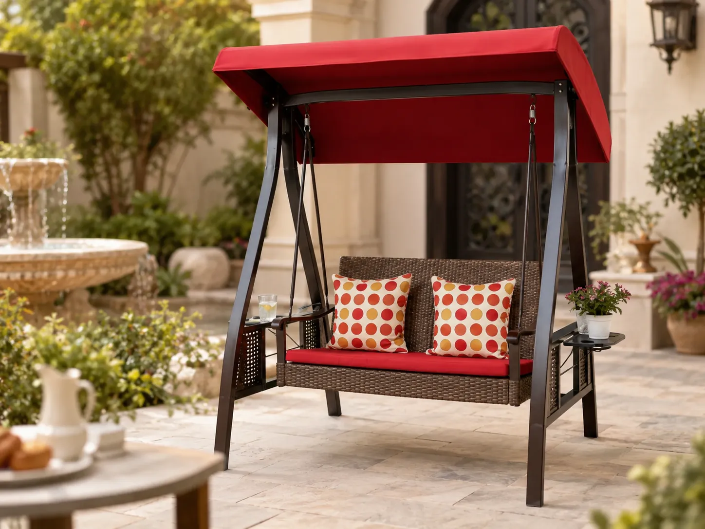 Wicker outdoor swing chair with canopy for courtyard leisure spaces