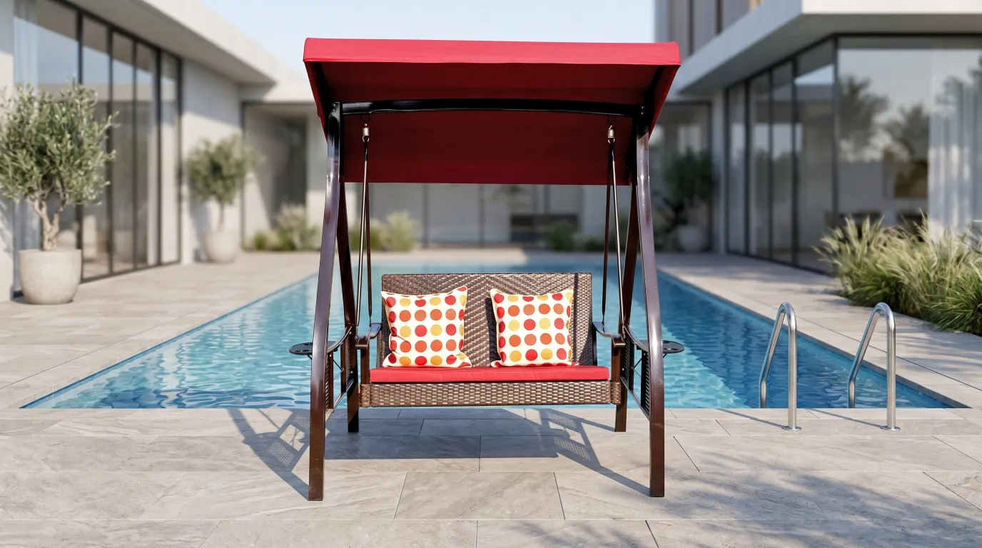 Wicker Outdoor Canopy Swing Chair with Red Cushions