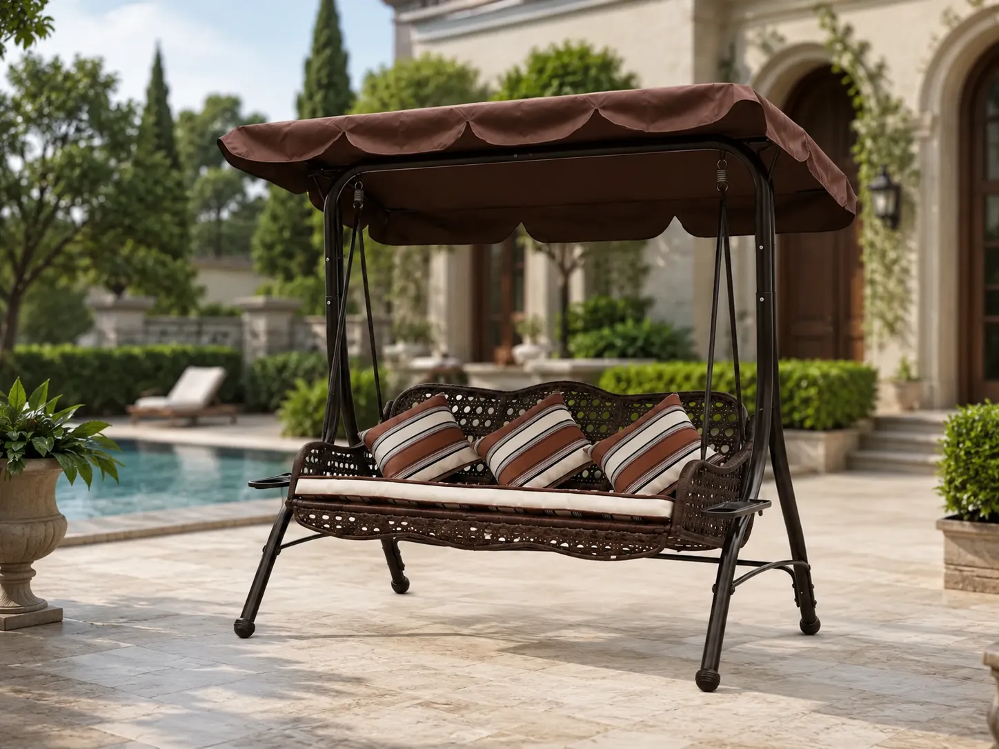 Wicker outdoor swing sofa with canopy used in a courtyard leisure space