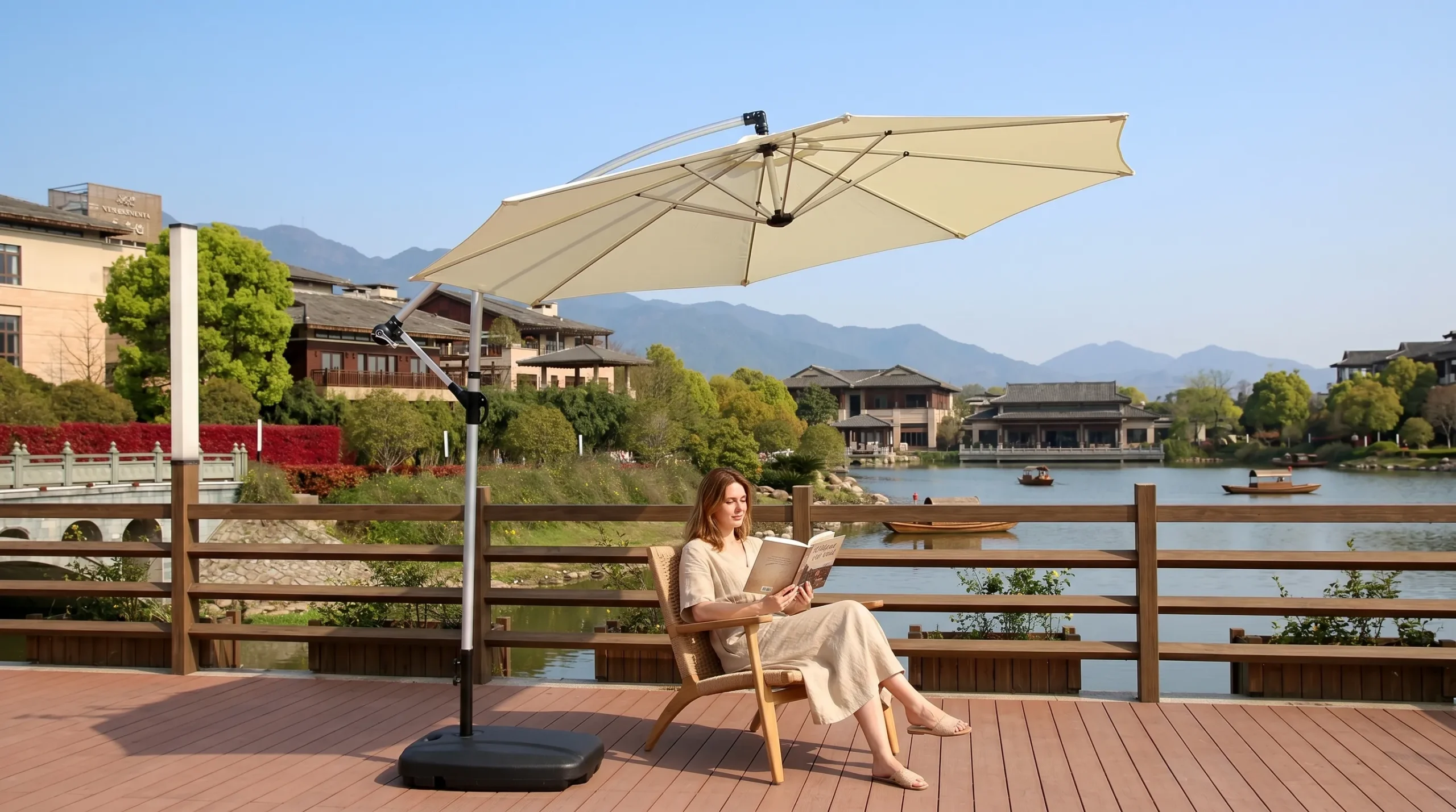 Cantilever Patio Umbrella with Cream Canopy for Resort Poolside Shade