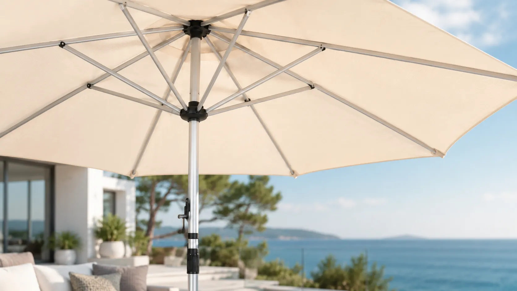 Cream canopy fabric detail of cantilever patio umbrella