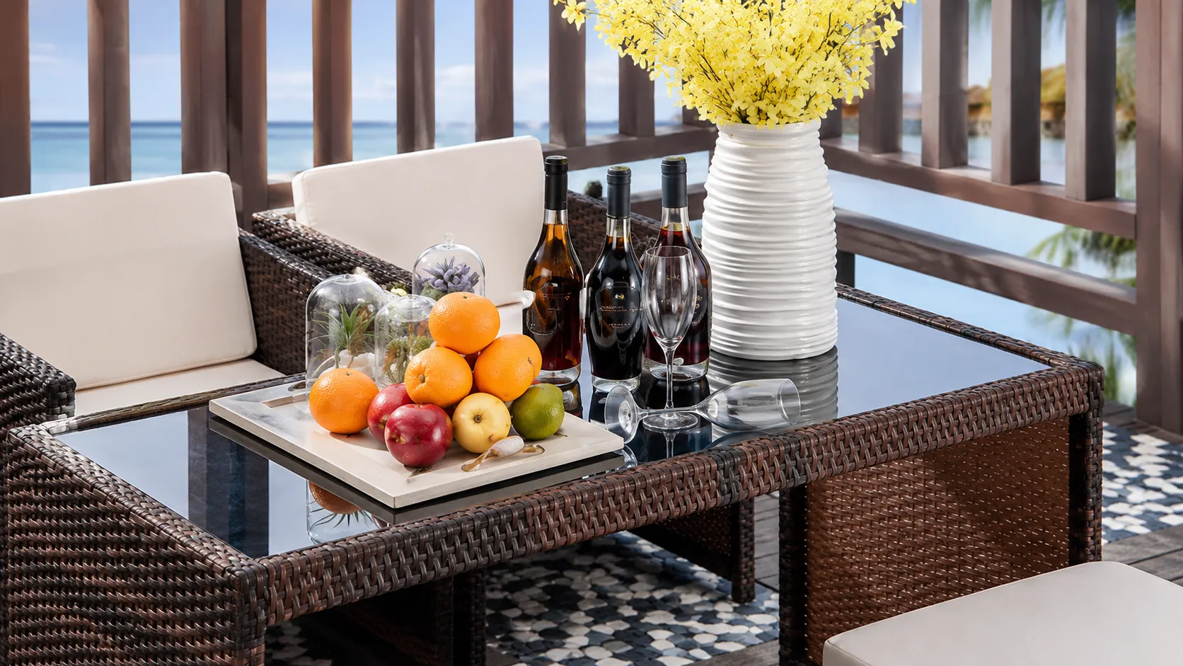 PE Rattan Cube Dining Set with 2 Armchairs, 2 Ottomans & Square Glass Table for Patio Café Hotel