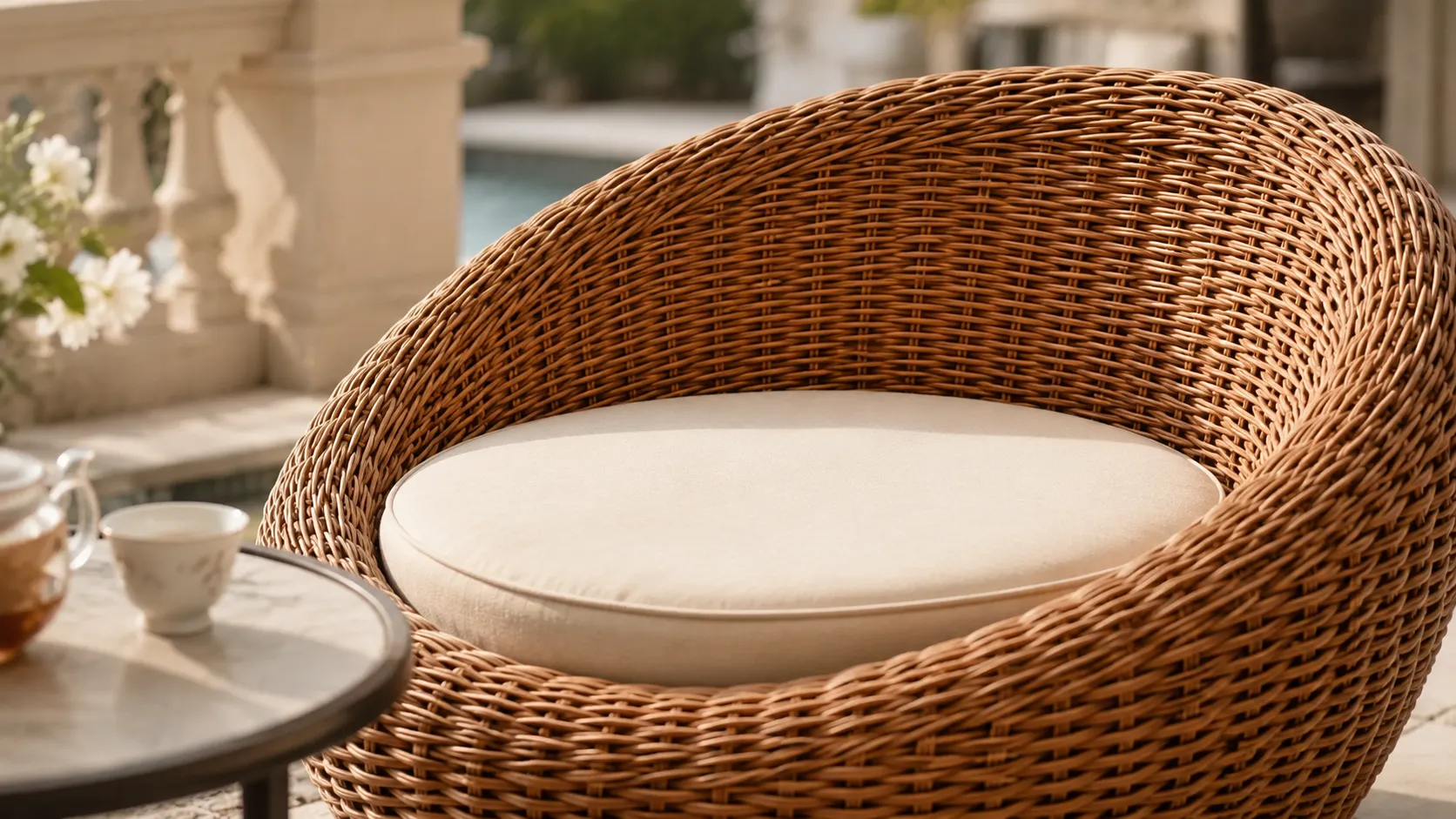 Cream cushion detail of PE rattan outdoor lounge chair