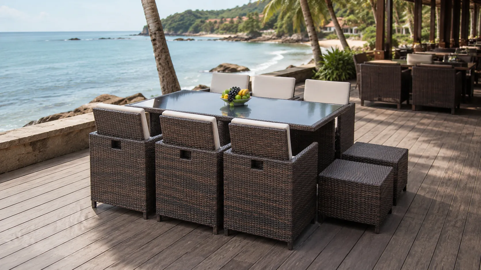 PE Rattan Patio Dining Set with 6 Chairs, 2 Stools & Rectangular Glass Table for Hotel Outdoor Dining