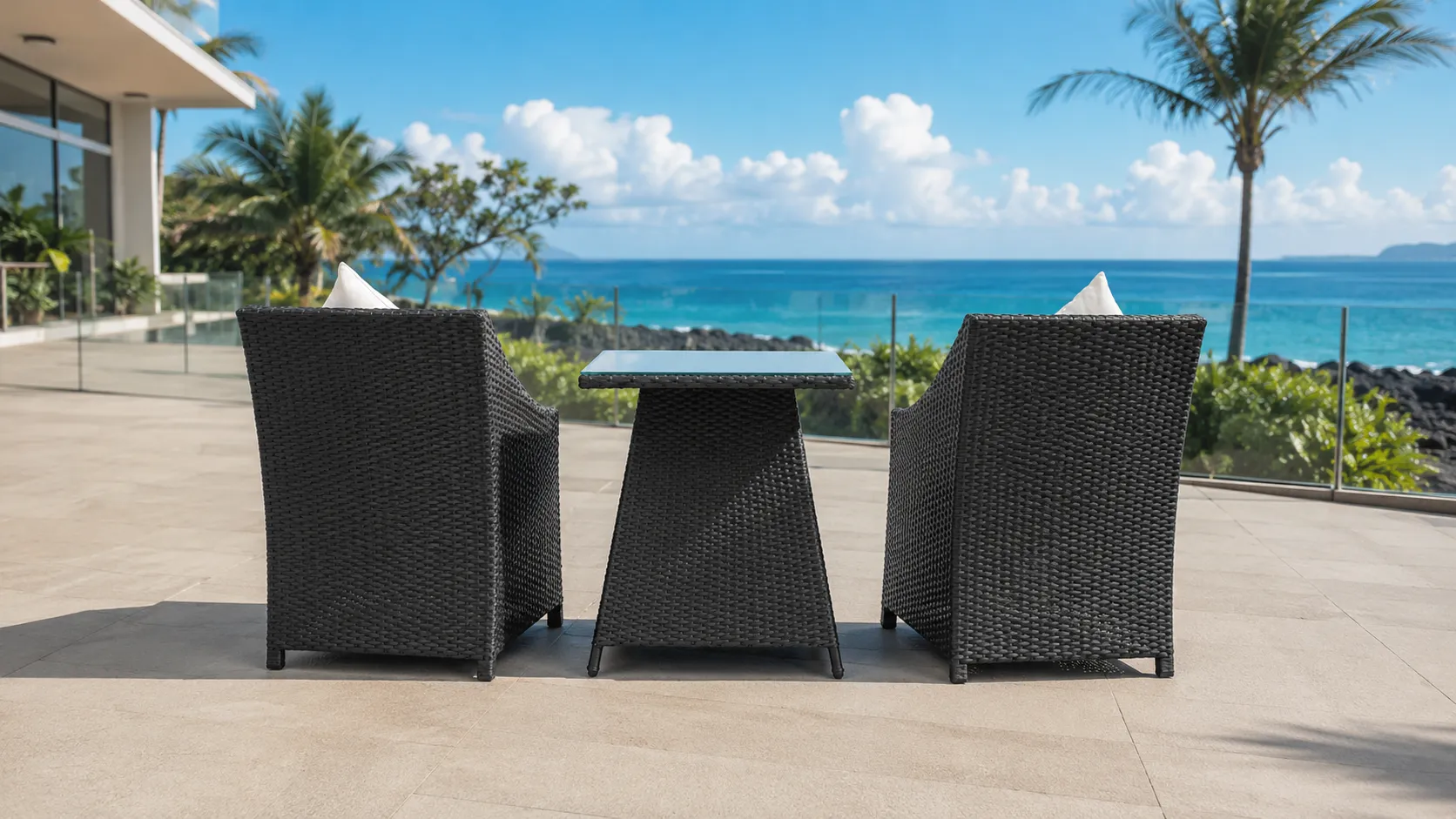 Black PE Rattan Bistro Set with 2 Armchairs, Cream Cushions & Glass-Top Table for Balcony Café Patio