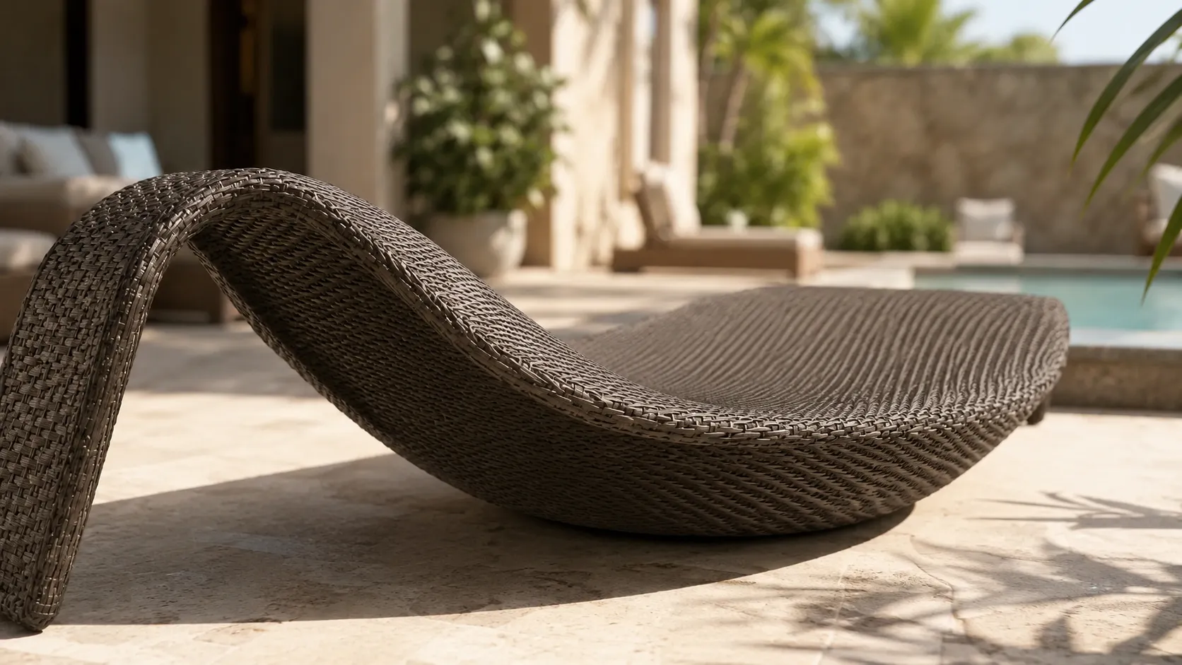 Curved PE rattan frame detail of outdoor sun lounger