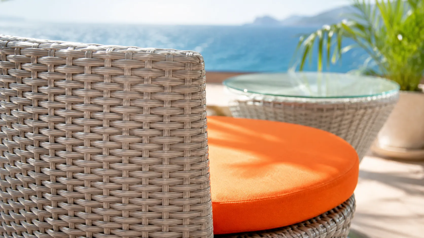 PE Rattan Outdoor Conversation Set with 4 Curved Chairs, Orange Cushions & Round Glass Table