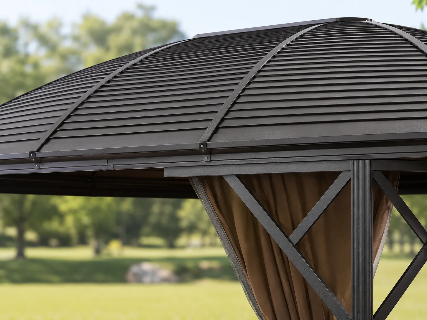 Curved galvanized steel roof detail of outdoor gazebo