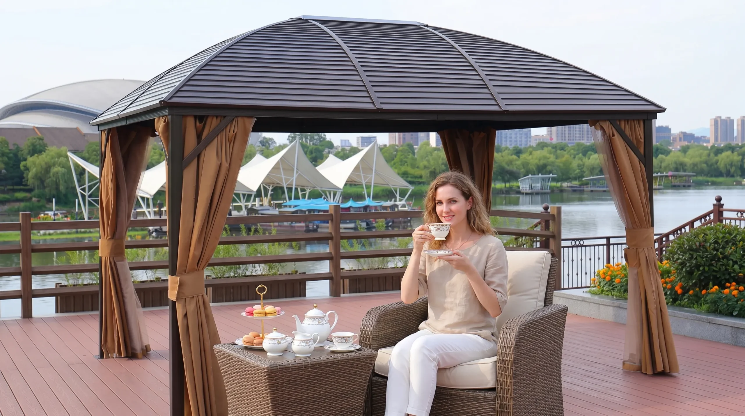 Curved Roof Galvanized Steel Gazebo with Curtains for Patio & Resort Shade