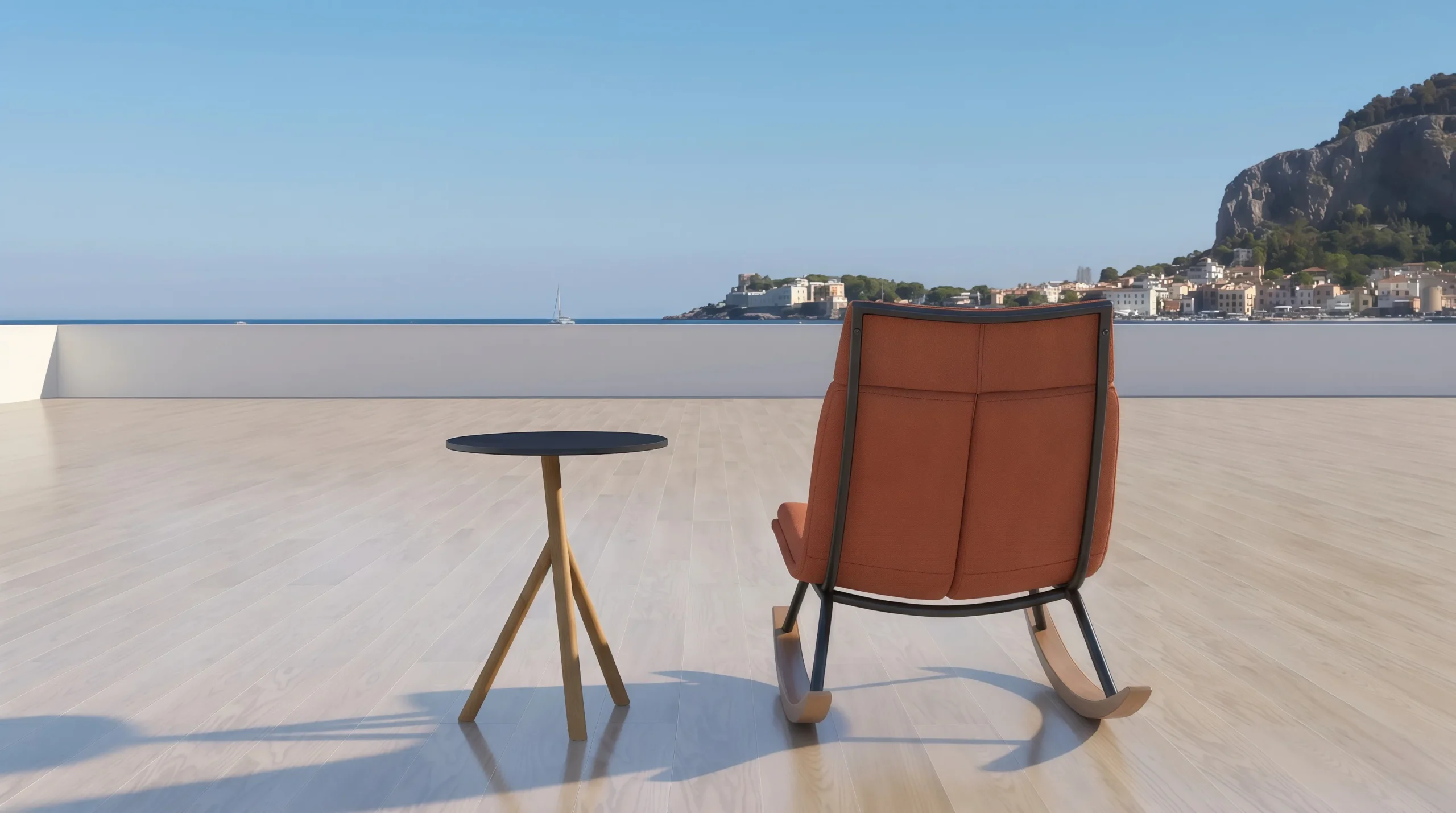 Teak Outdoor Rocking Lounge Chair with Orange Cushion