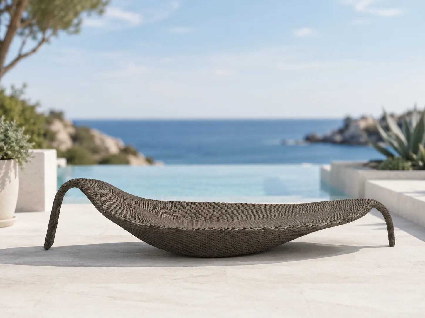 Side view of curved wicker outdoor sun lounger without cushion