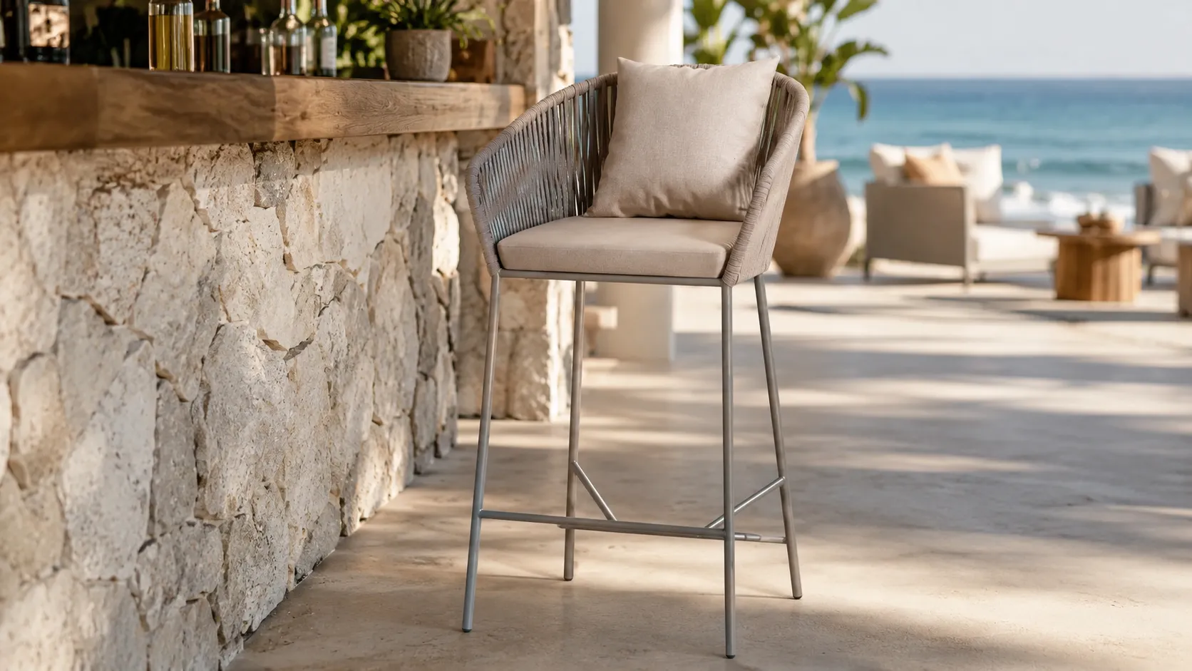 Cushioned seat detail of rope outdoor bar stool for hotel bar projects