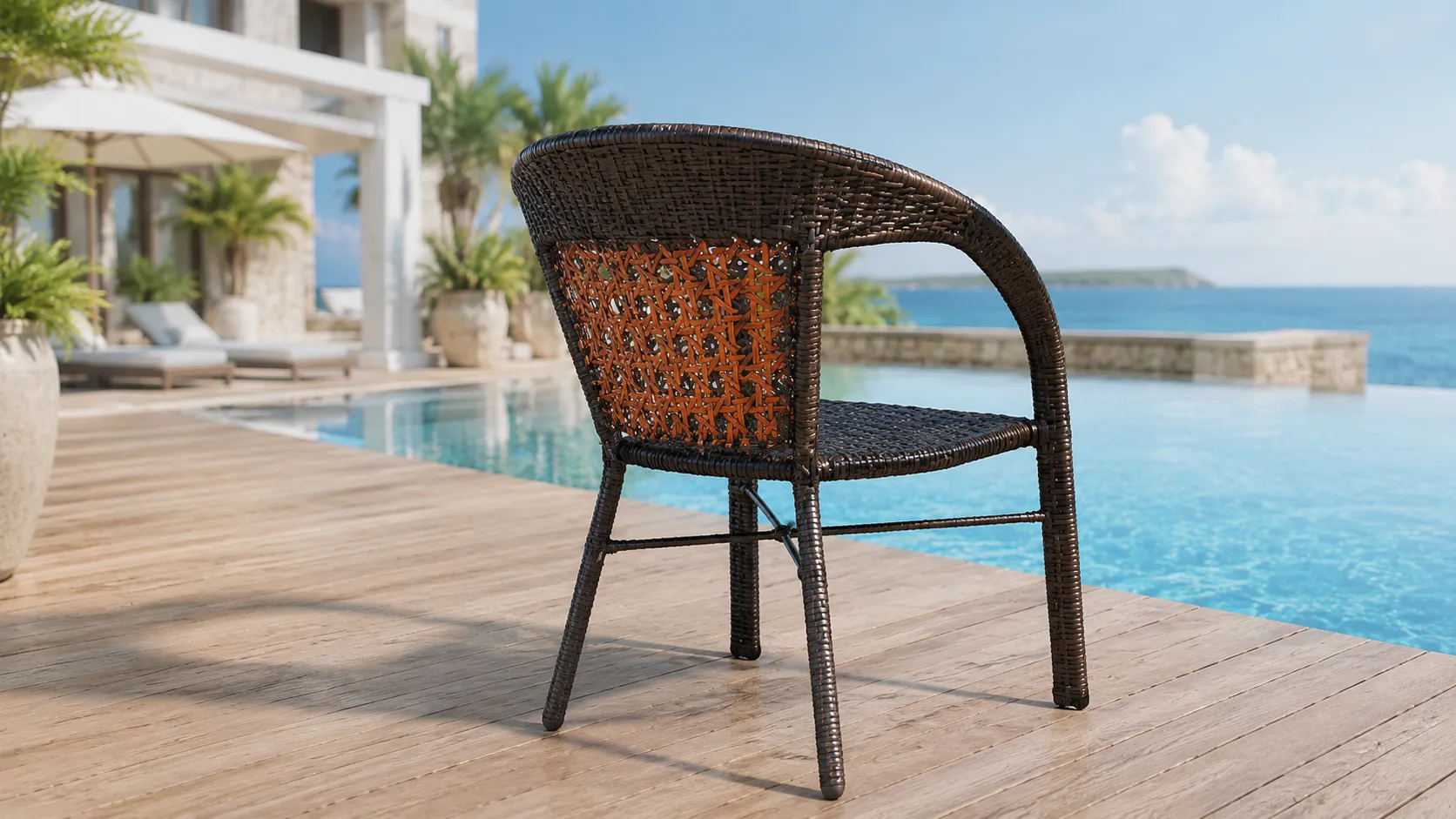 Dark Brown PE Rattan Outdoor Dining Set with 4 Open-Weave Armchairs & Round Glass Table