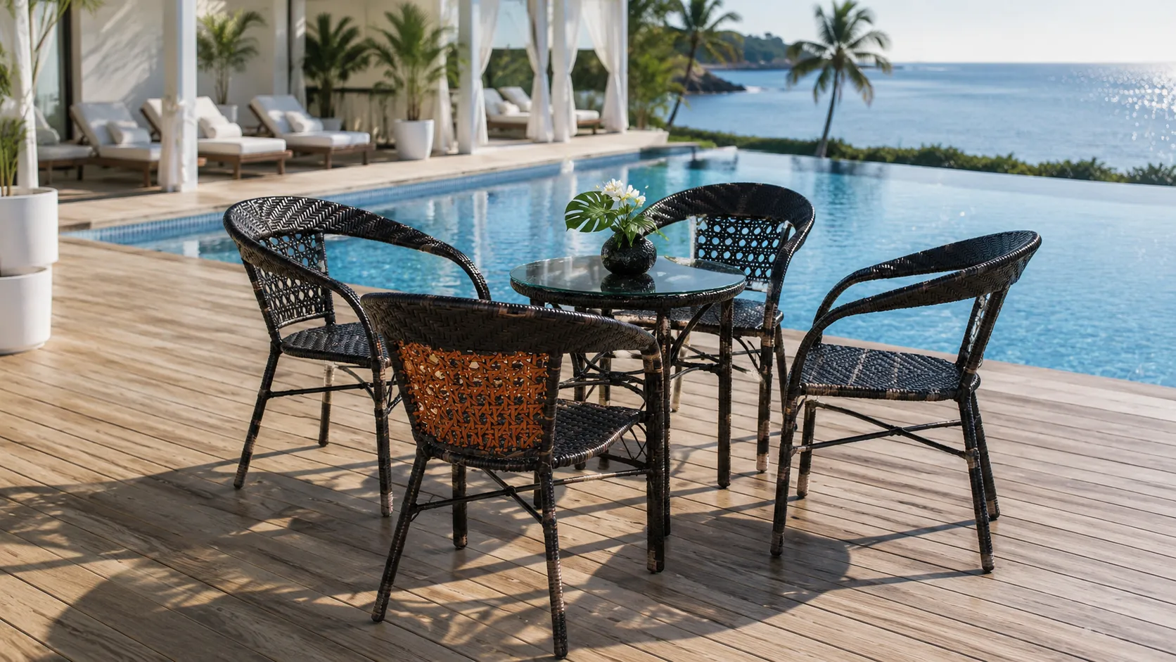 Dark Brown PE Rattan Outdoor Dining Set with 4 Open-Weave Armchairs & Round Glass Table