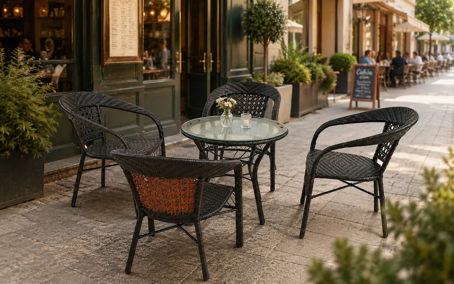 XIMU Furniture dark brown PE rattan outdoor dining set with 4 armchairs and round glass table