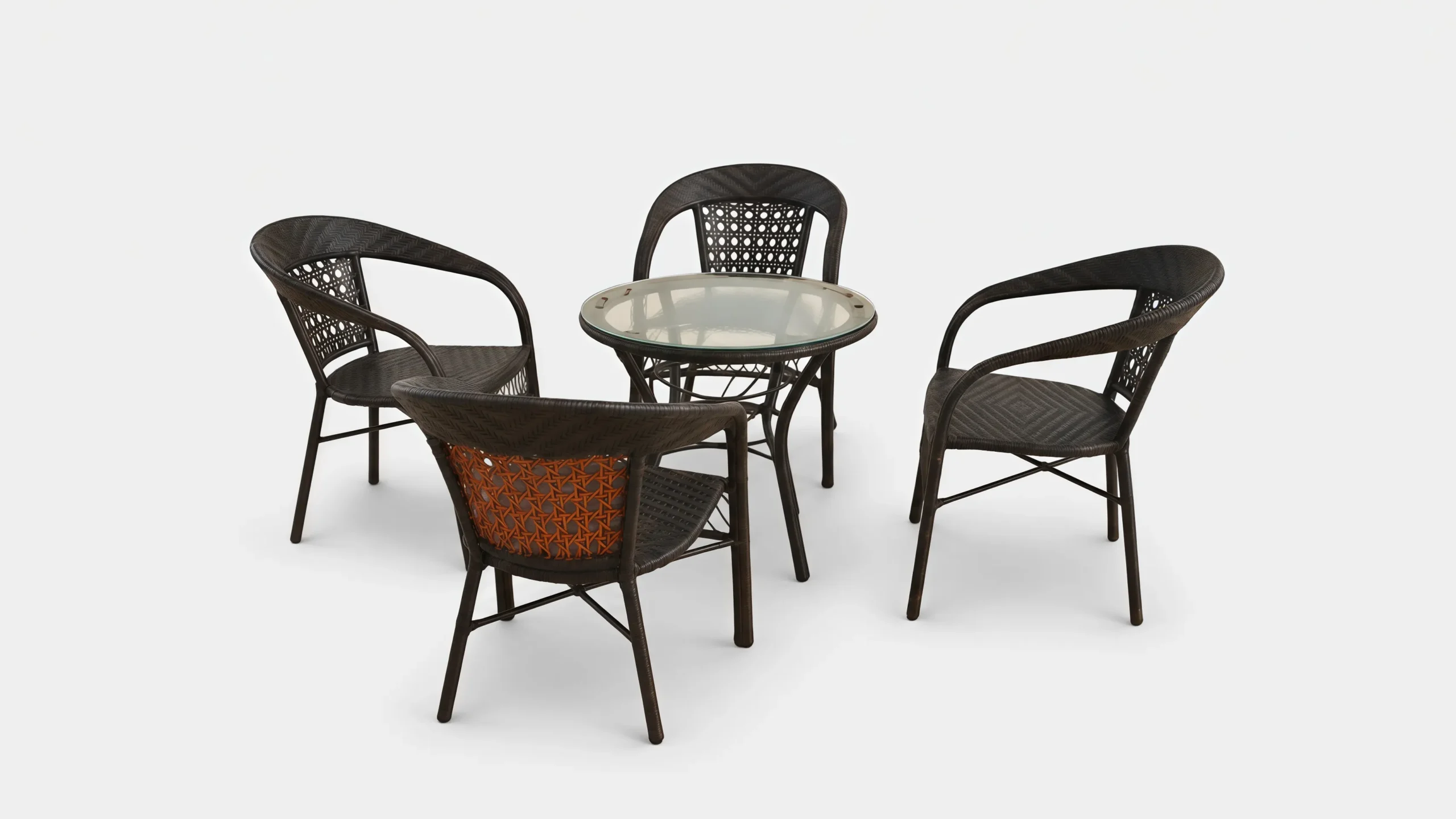 Dark Brown PE Rattan Outdoor Dining Set with 4 Open-Weave Armchairs & Round Glass Table