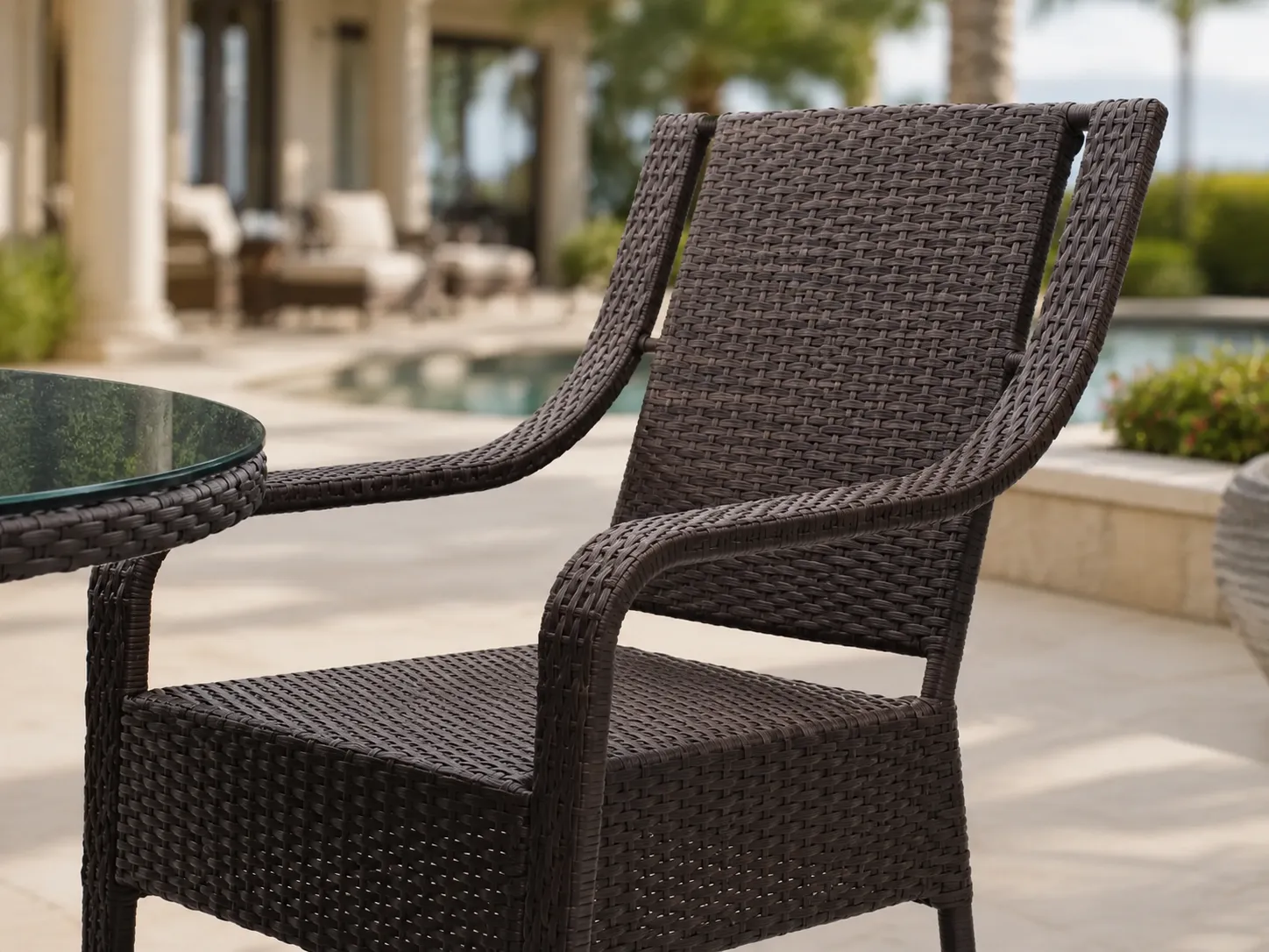 Dark brown PE rattan weave detail of outdoor dining set