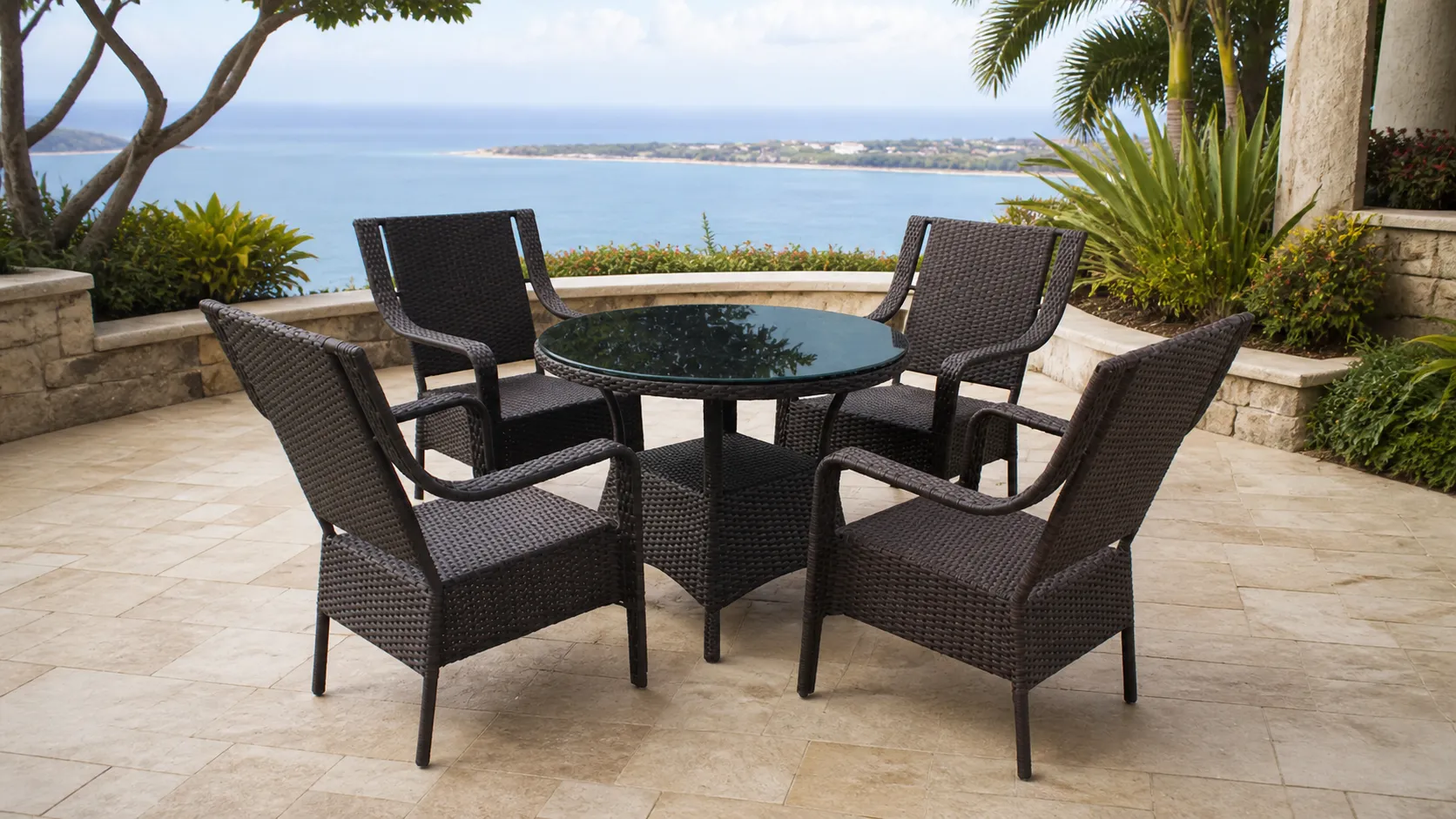 PE Rattan Round Outdoor Dining Set with 4 Armchairs for Patio, Balcony & Café