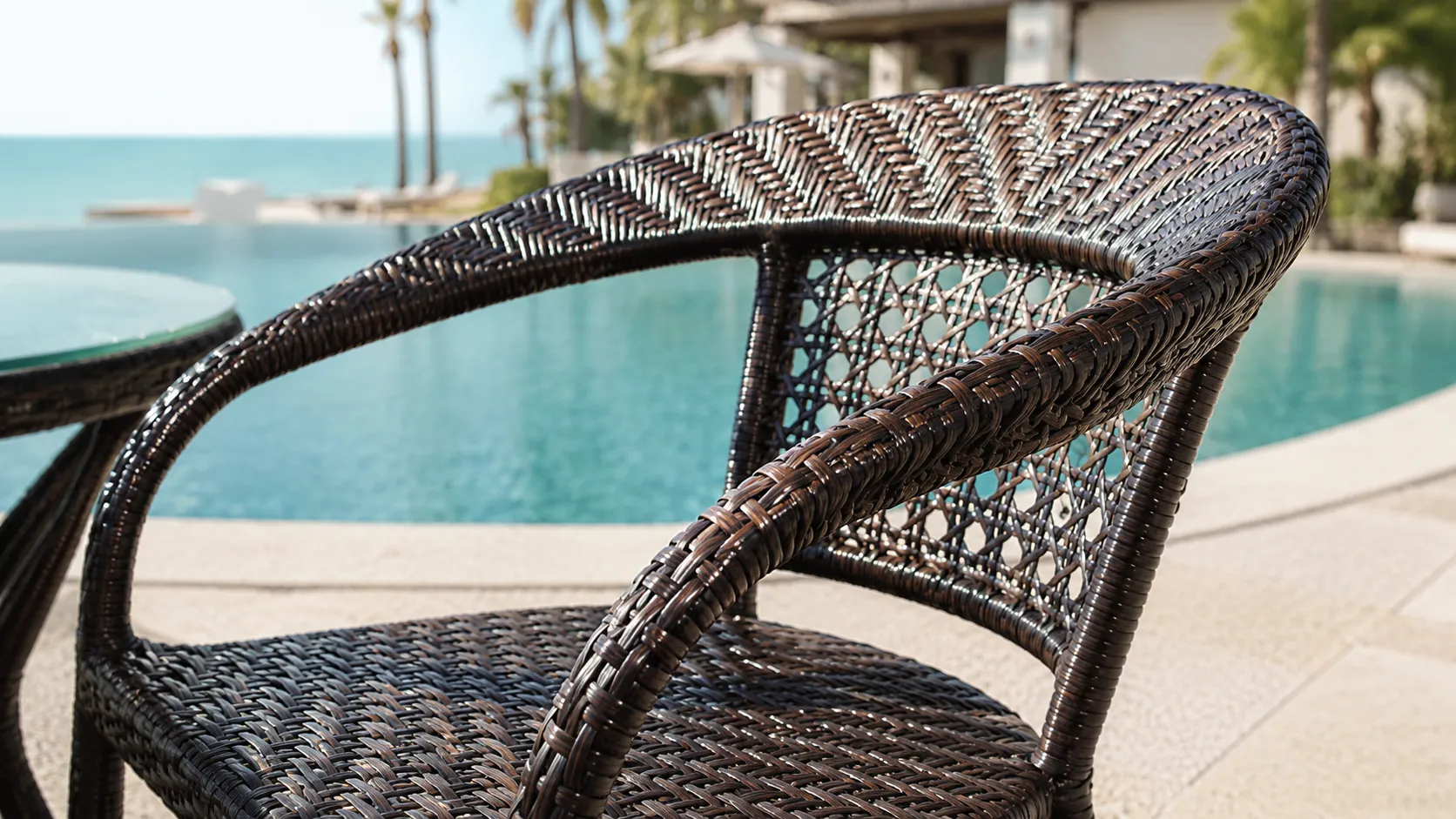Dark Brown PE Rattan Outdoor Dining Set with 4 Open-Weave Armchairs & Round Glass Table