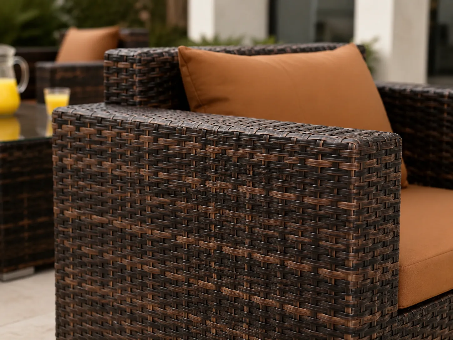 Dark brown PE rattan wicker detail of outdoor sofa set