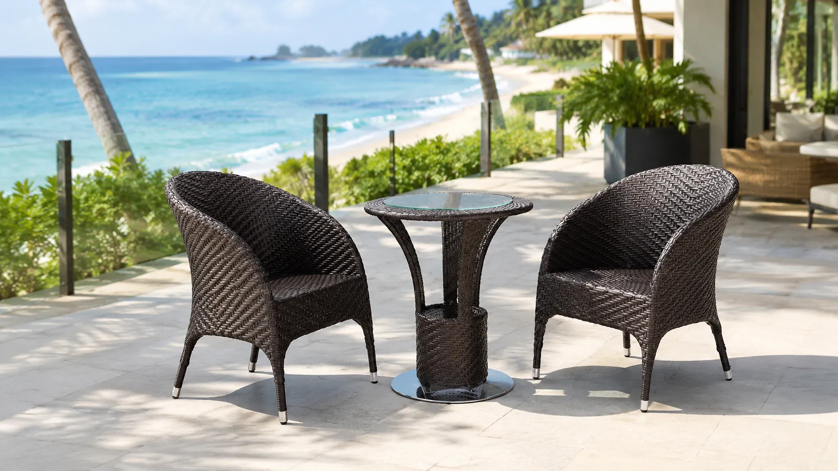 PE Rattan Bistro Set with 2 Chairs & Round Glass Table for Balcony, Patio & Café
