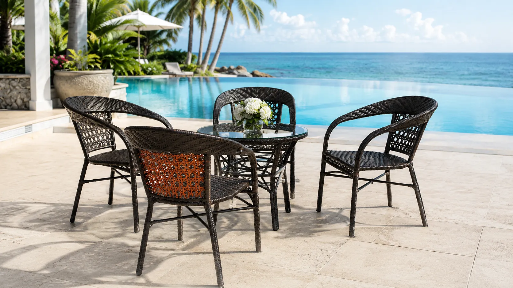 Dark Brown PE Rattan Outdoor Dining Set with 4 Open-Weave Armchairs & Round Glass Table