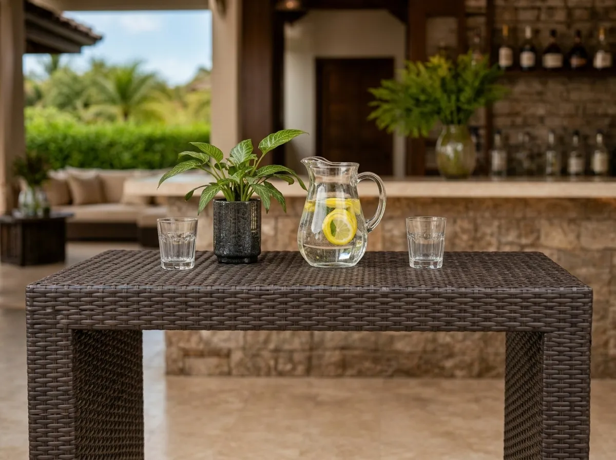 Dark woven wicker detail of outdoor bar table and stools set