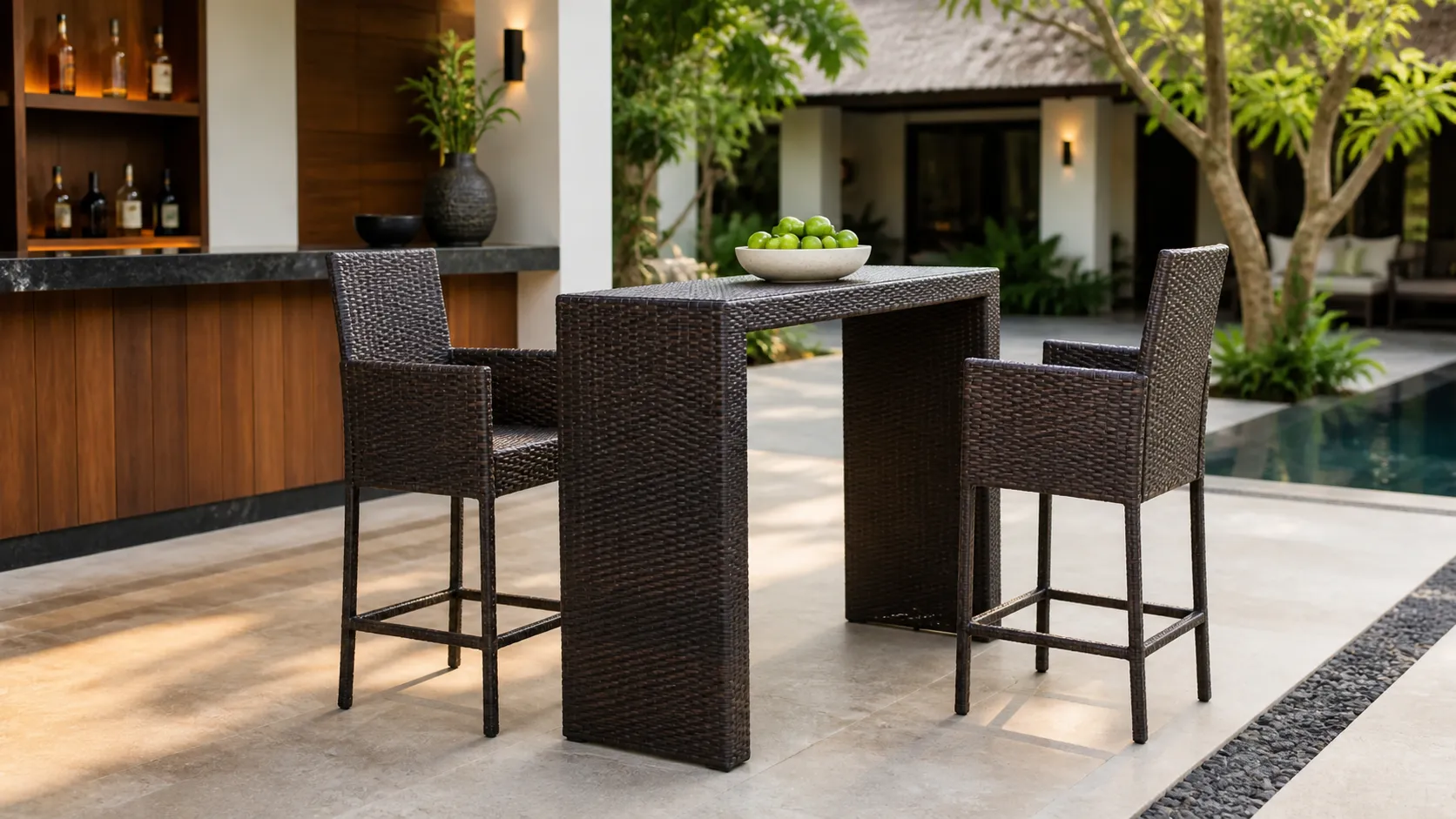 Wicker Bar Table and Stools Set for Outdoor Hospitality Projects