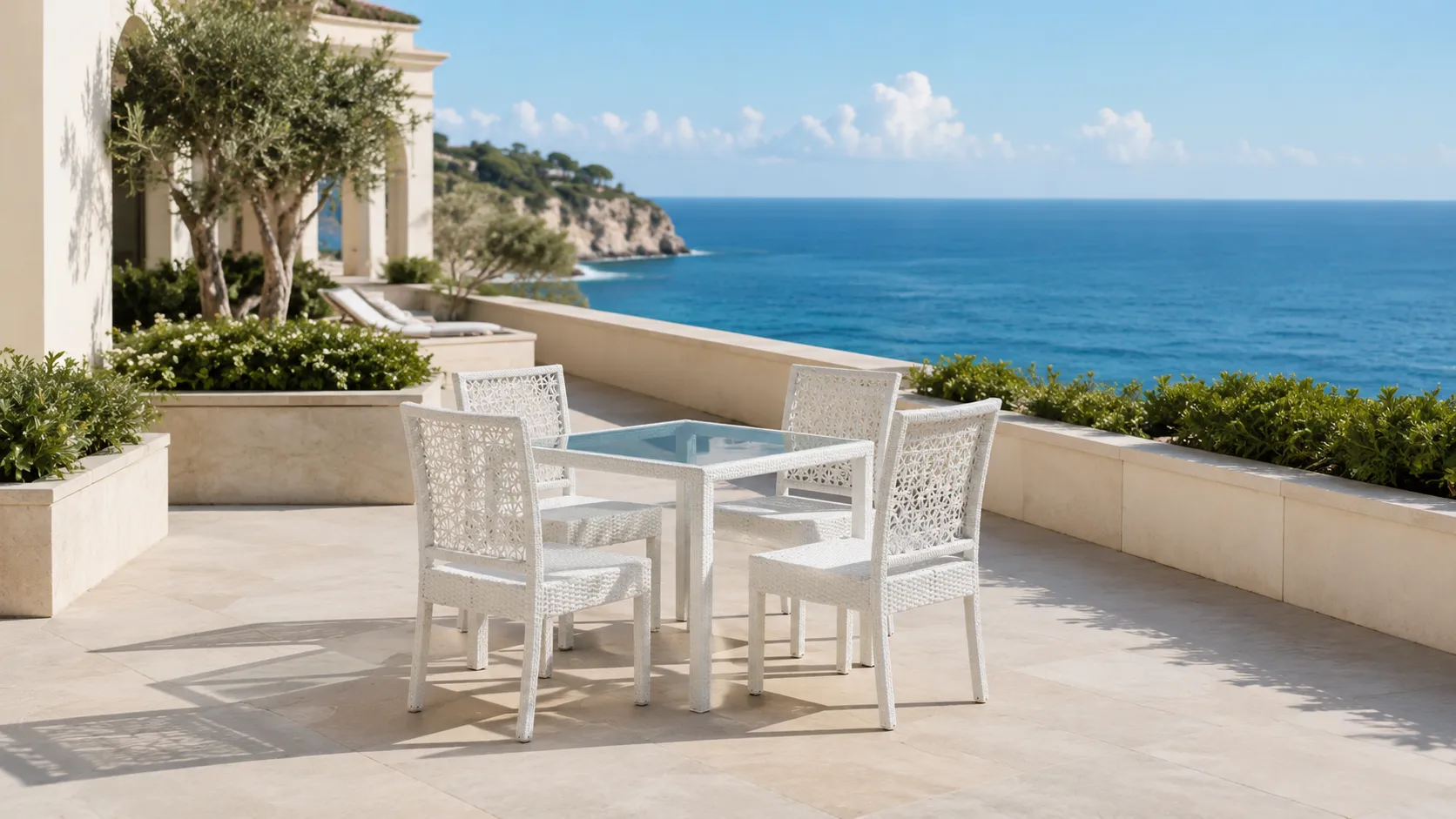 White PE Rattan Outdoor Dining Set with 4 Chairs & Glass Table for Patio Café Terrace