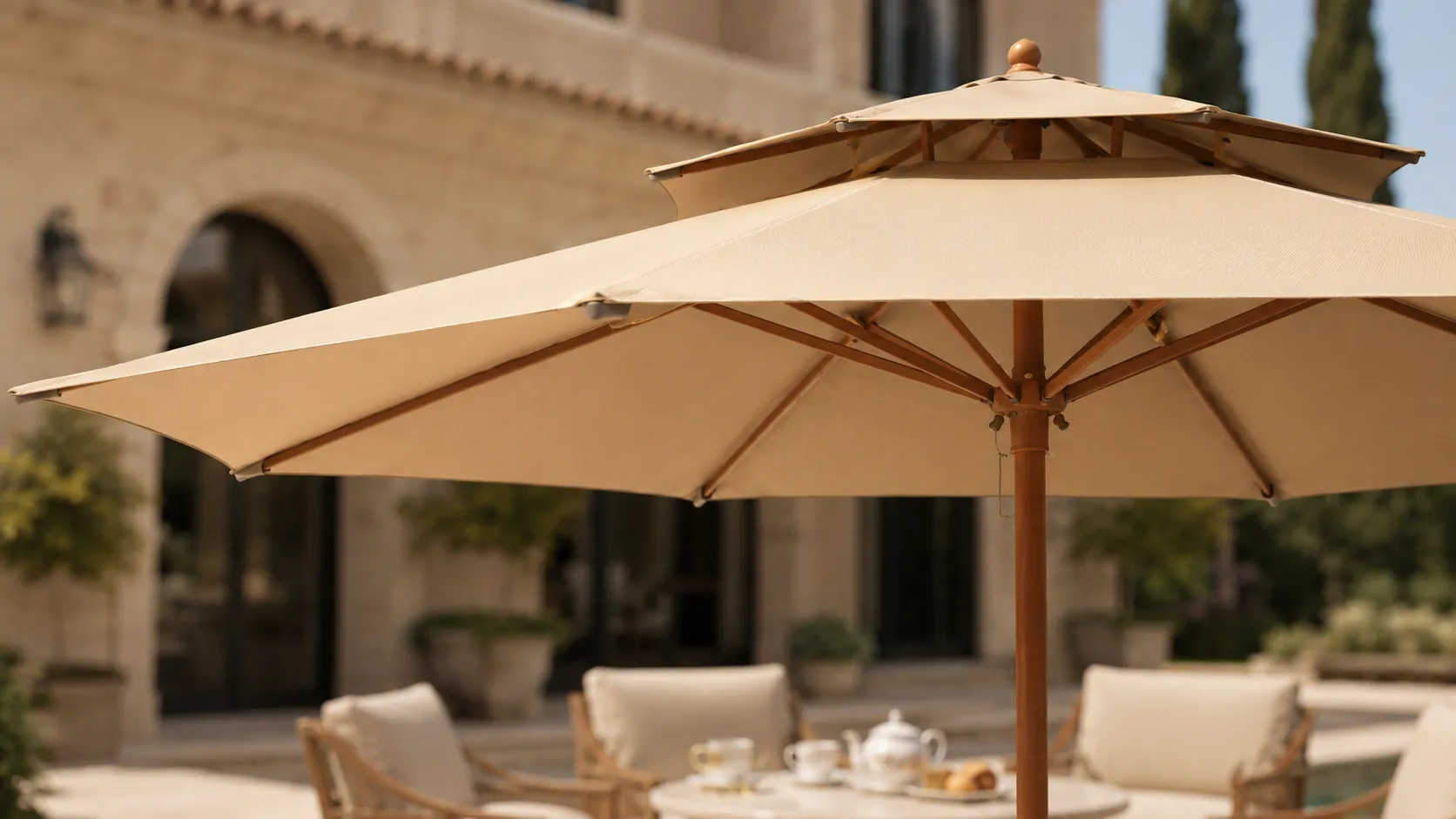 Double vent top detail of wooden market umbrella
